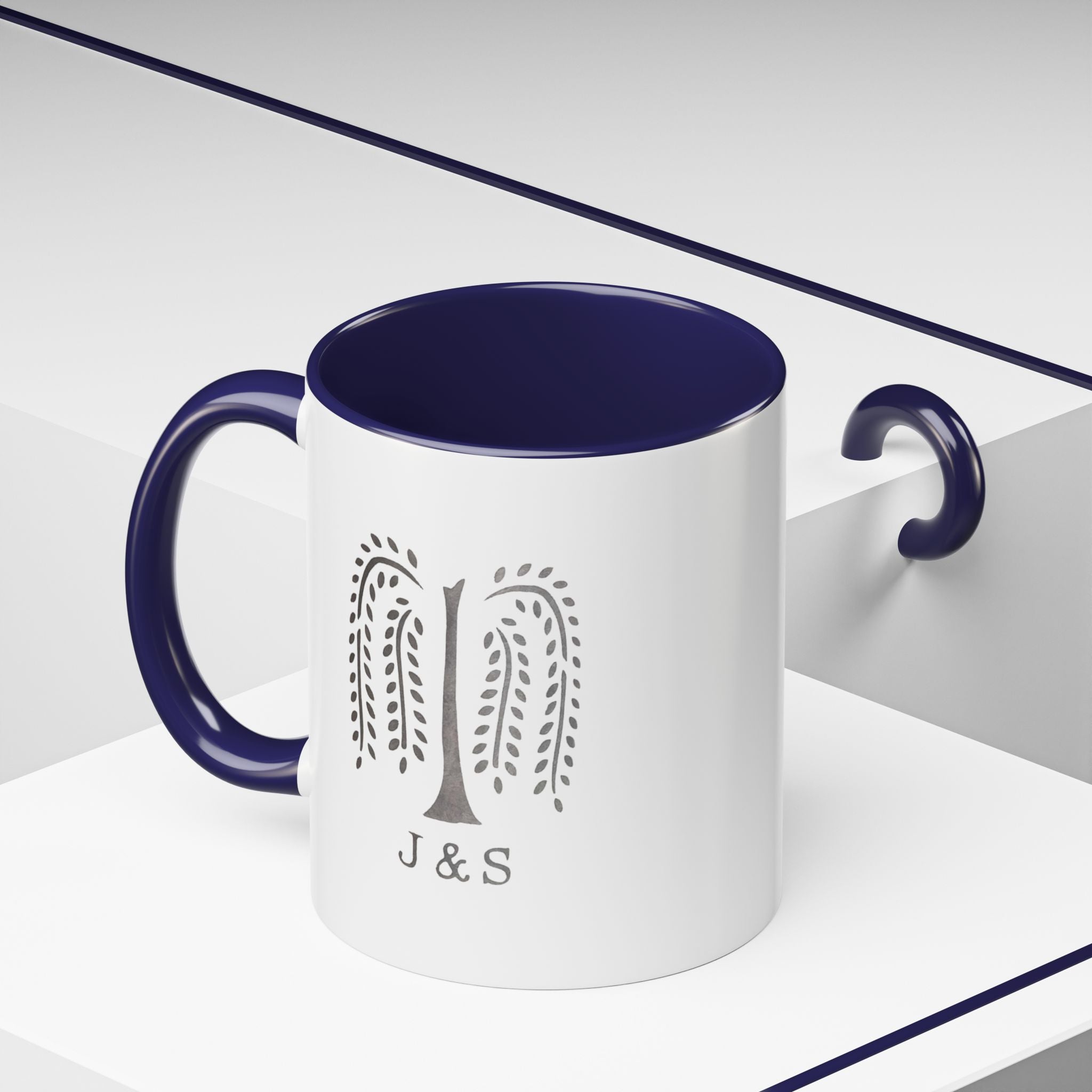 Personalized ceramic mug with initials and willow tree design