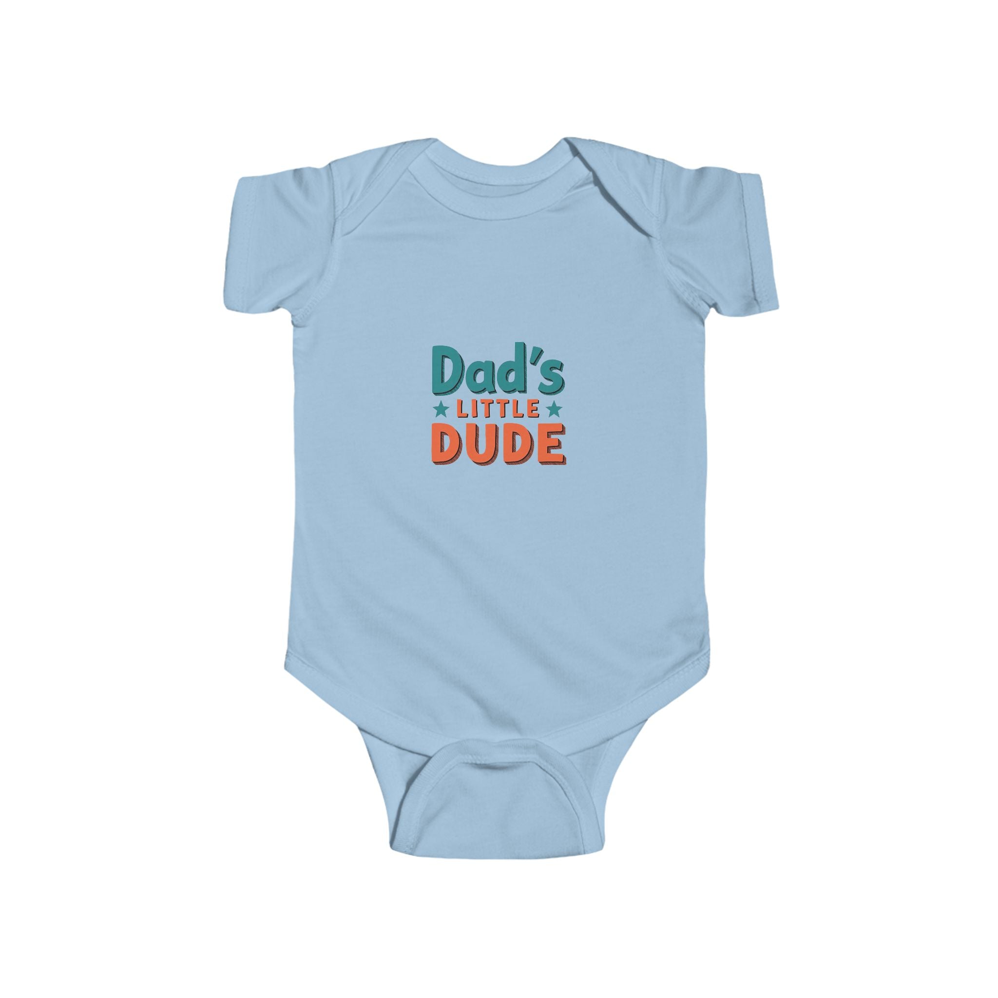 baby onesie with “Dad’s Little Dude” design in bold retro lettering—cute Father’s Day gift and everyday baby boy outfit.