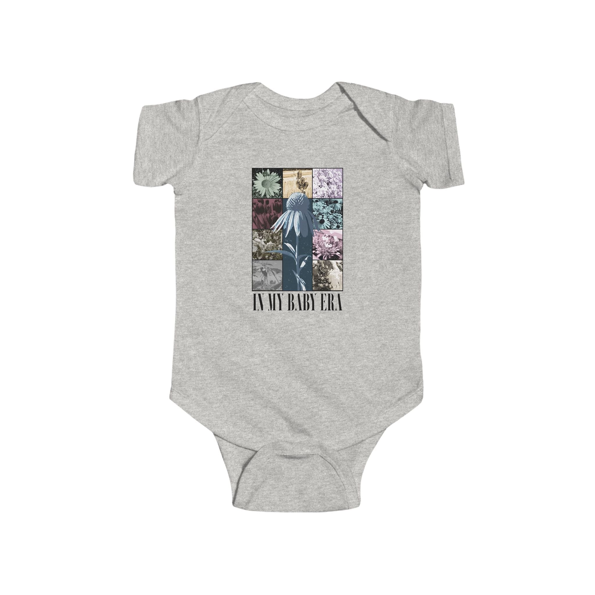 baby onesie with floral collage and “In My Baby Era” text design printed on the front