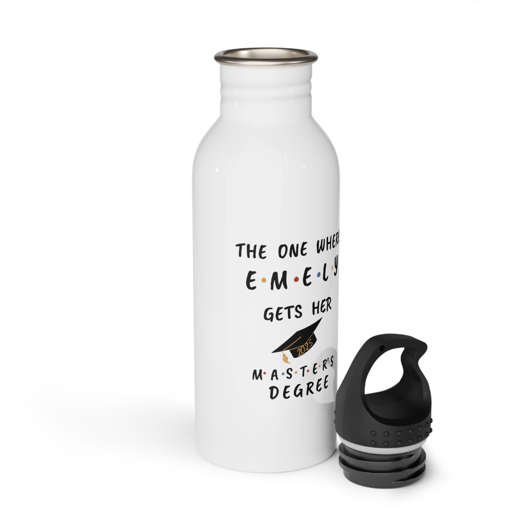 White water bottle with Emely’s Master’s degree personalized design