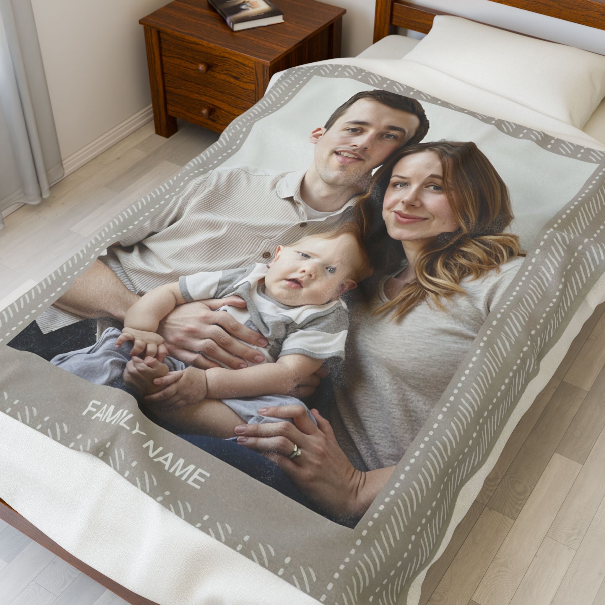 Custom photo blanket with a printed family picture and personalized name, displayed on a bed

