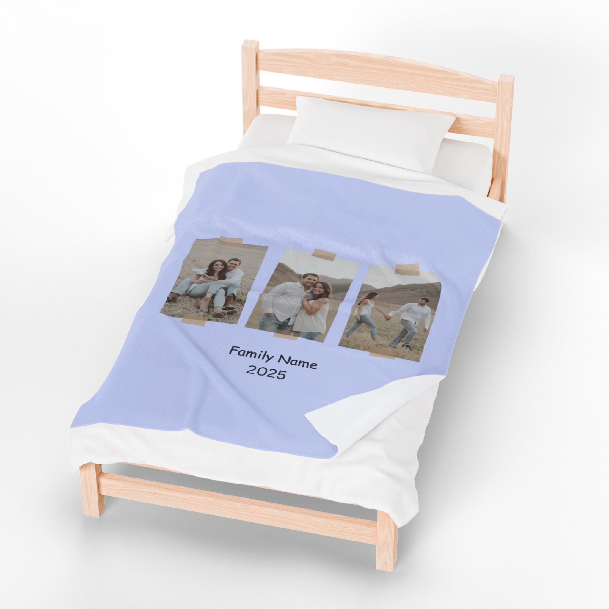 Custom family photo blanket with three vertical pictures and personalized name and year design