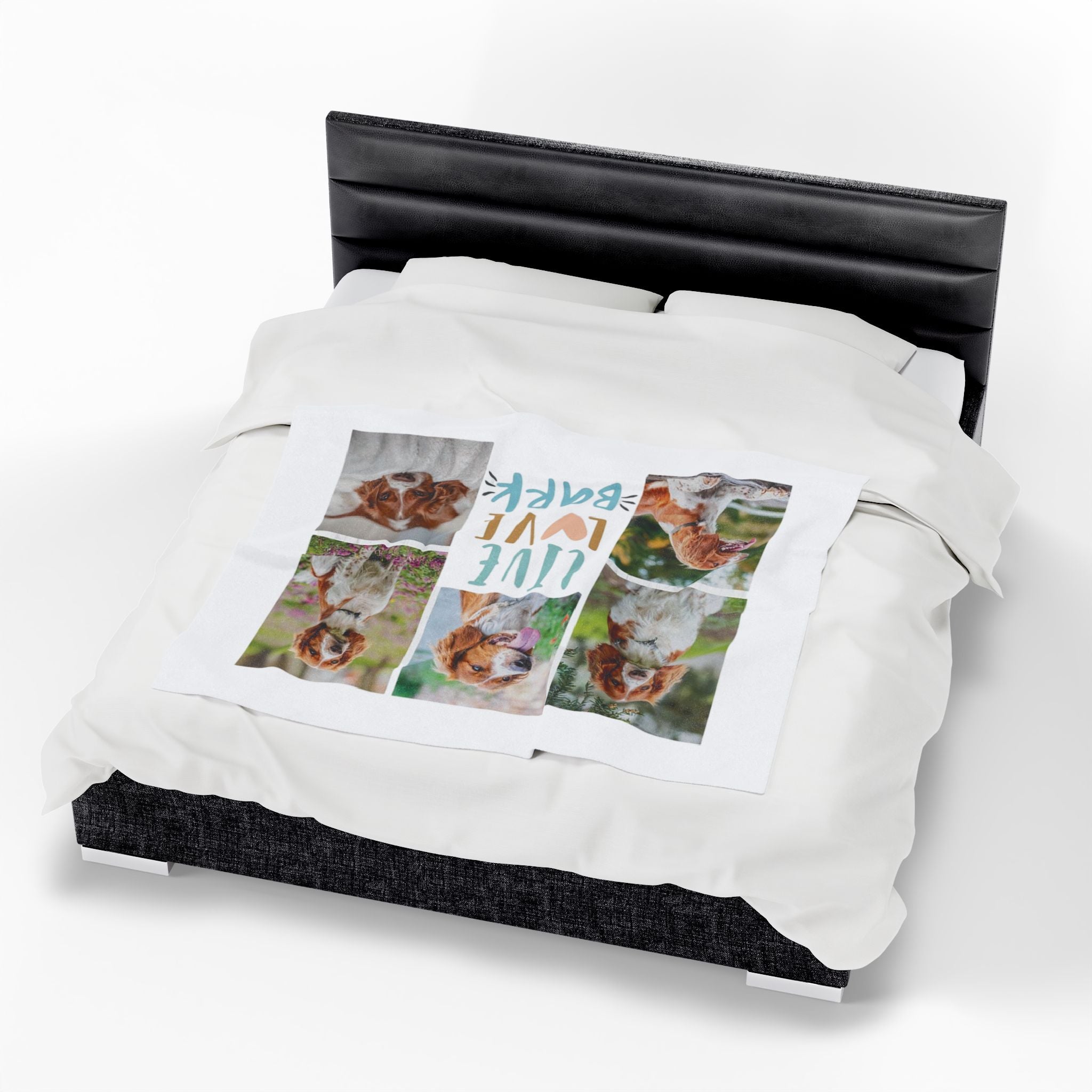 Custom fleece blanket with six dog photos and "Live Love Bark" text in blue and orange

