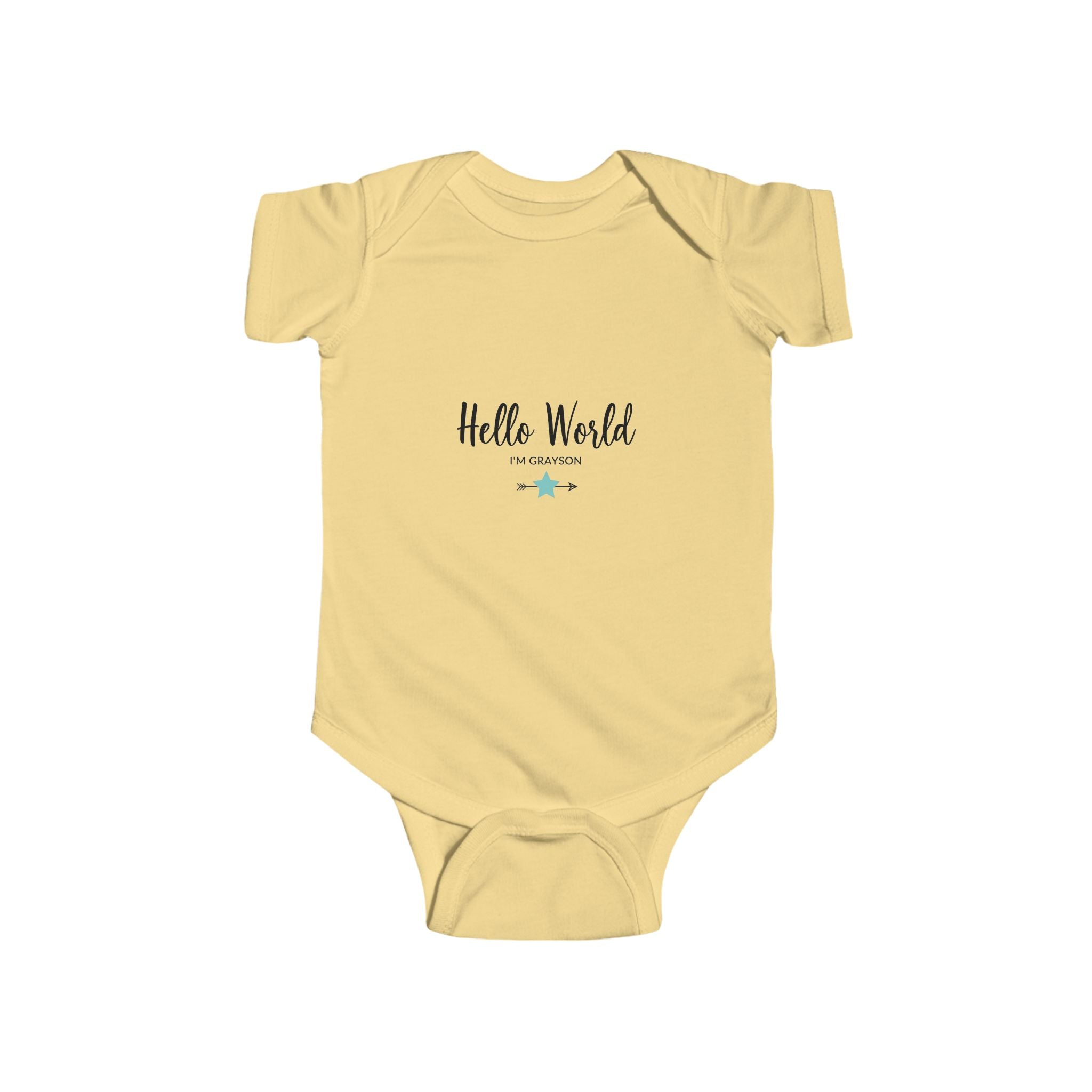 baby onesie with “Hello World I’m Grayson” text and arrows – personalized baby boy outfit for birth announcements