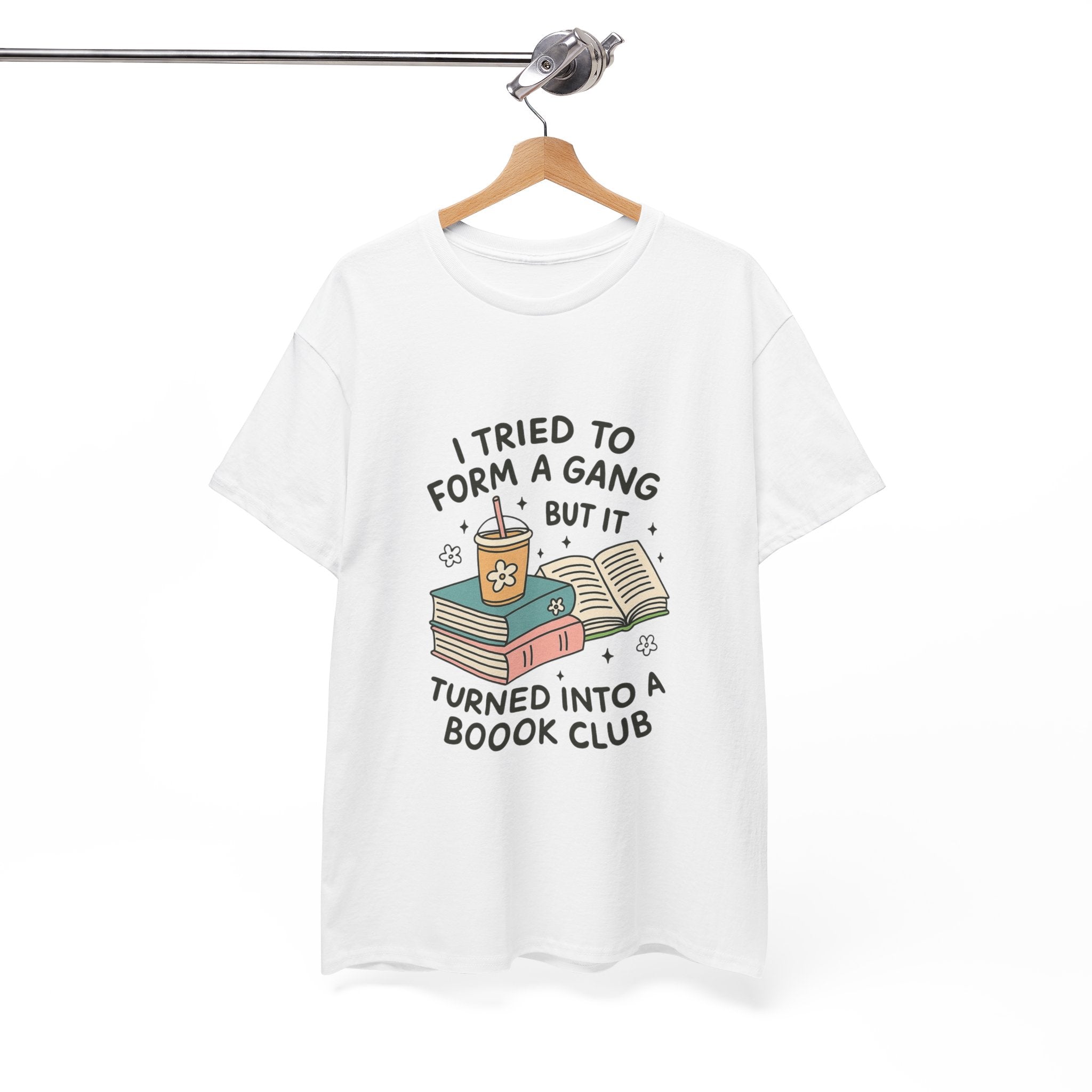 White t-shirt with cute illustrated design of books, iced coffee, and the quote "I tried to form a gang but it turned into a boook club" printed on front

