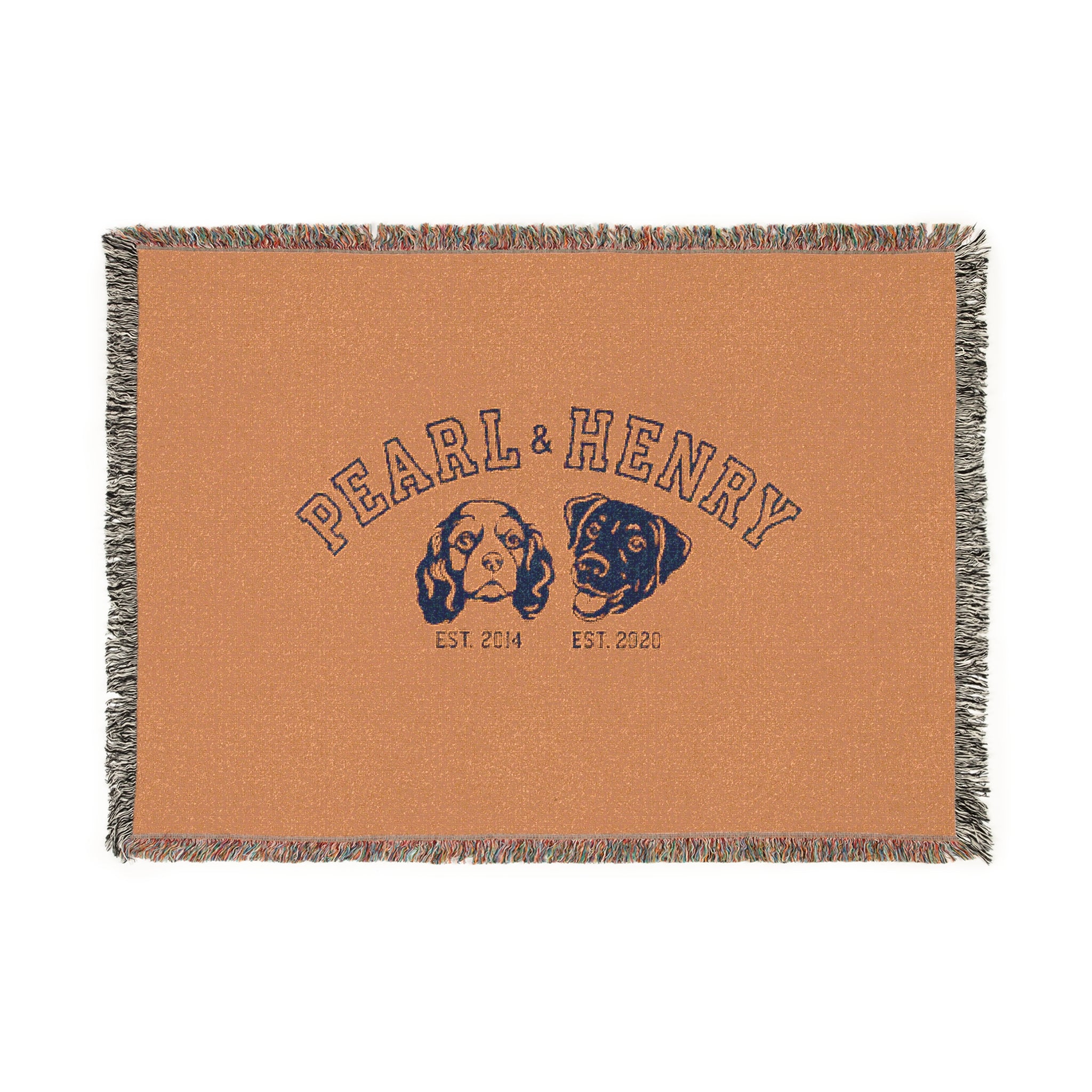 Custom woven blanket with dog illustrations and names 