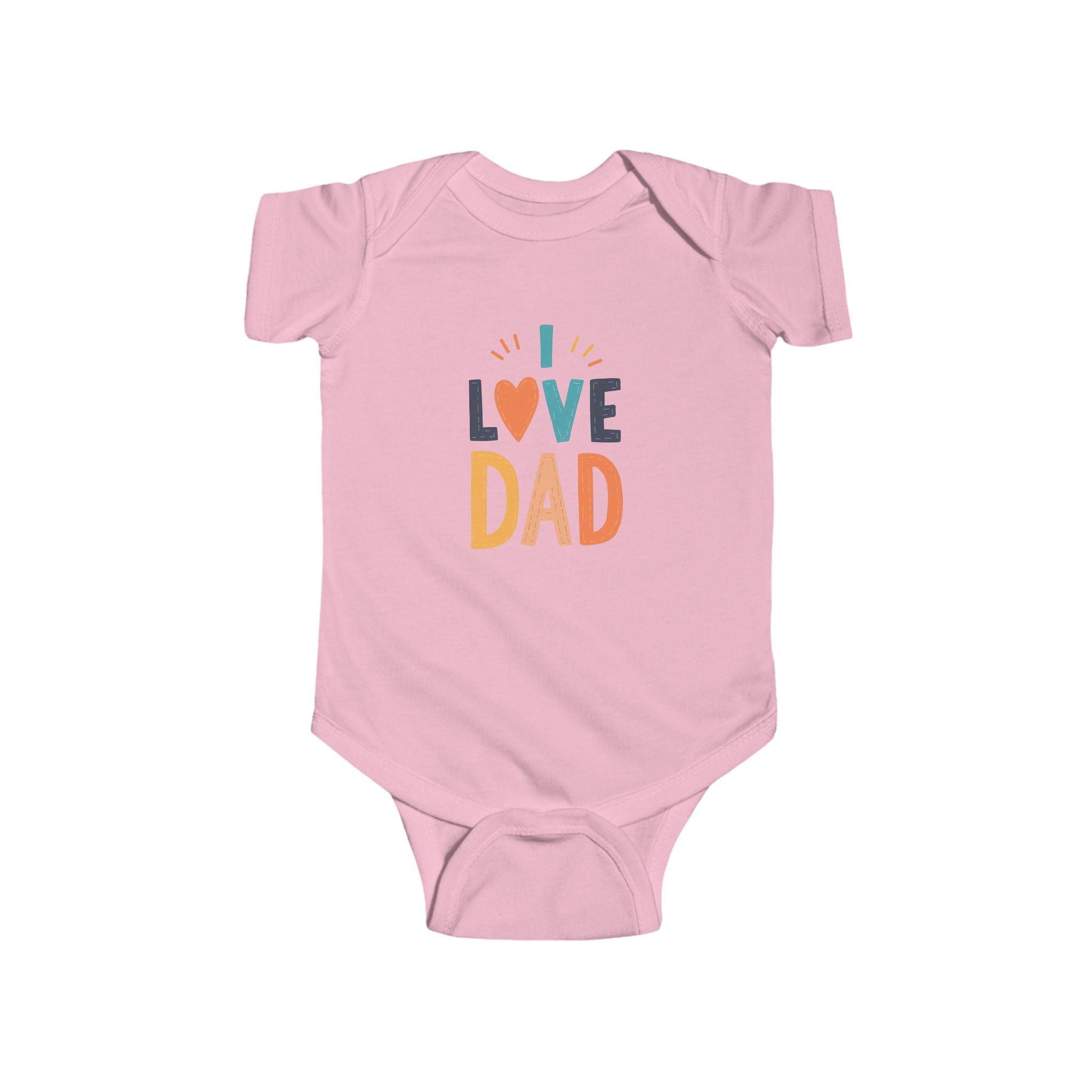 baby onesie with colorful “I Love Dad” print—customizable color bodysuit perfect for Father’s Day or baby’s first outfit for Dad.