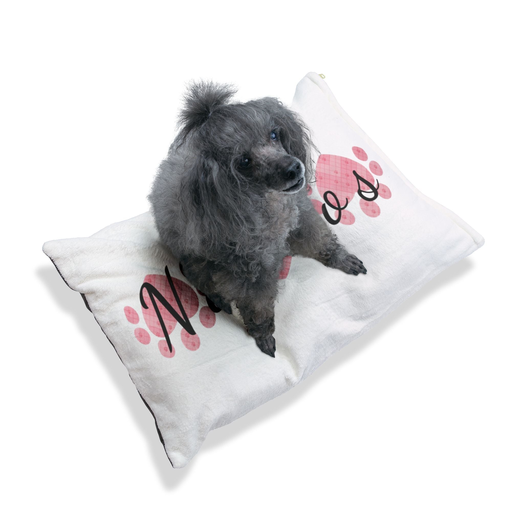 Custom pet bed with heart paw design and personalized name in soft indoor fabric

