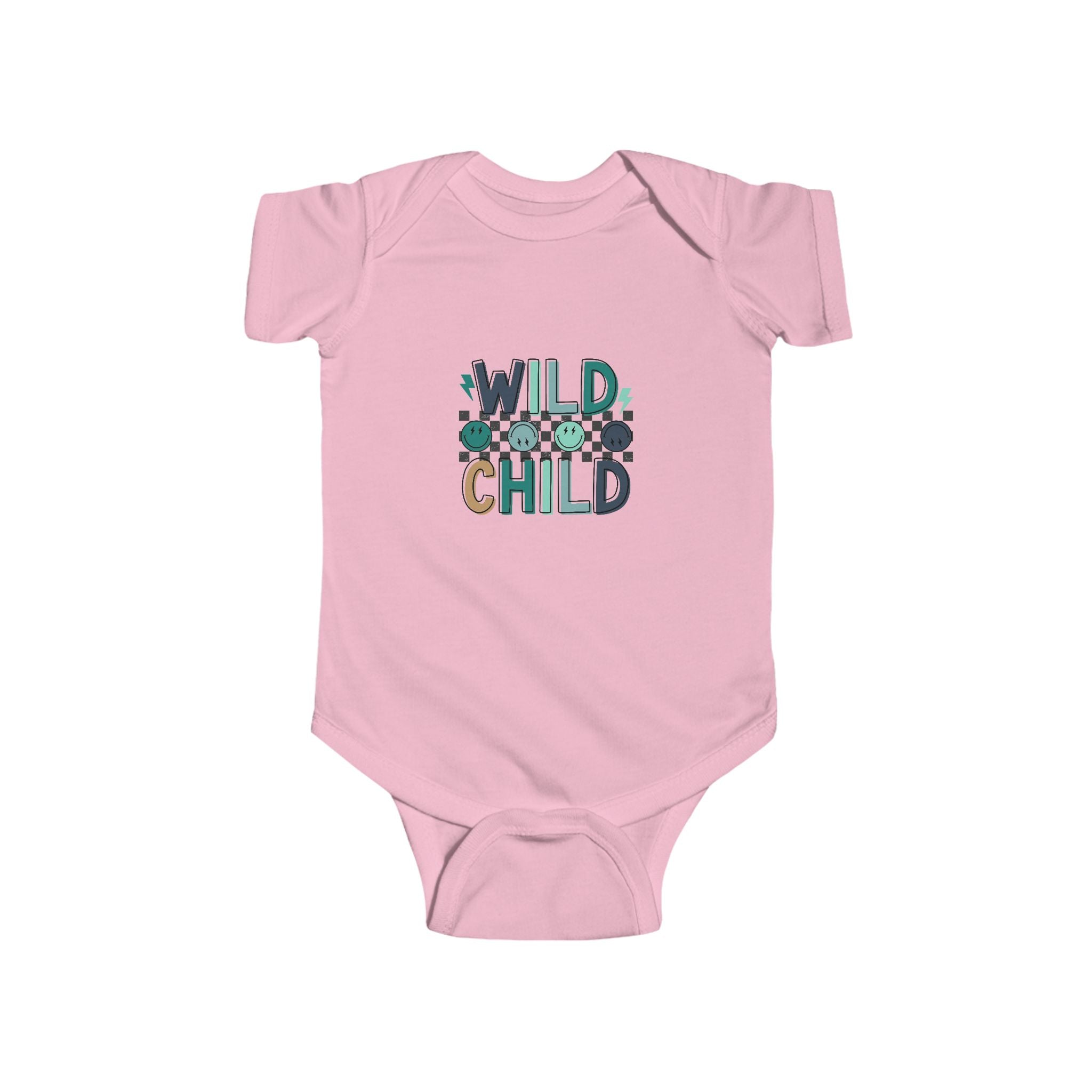 Pink baby bodysuit with "Wild Child" colorful graphic design