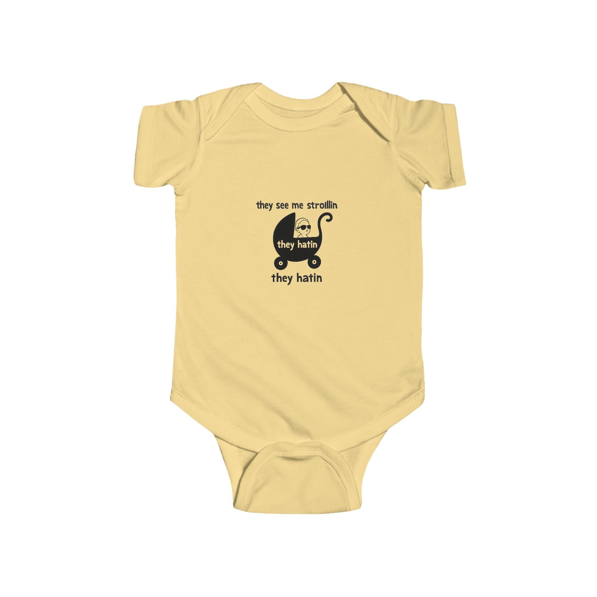 Gray baby onesie with “they see me strollin’ they hatin’” meme design and stroller graphic