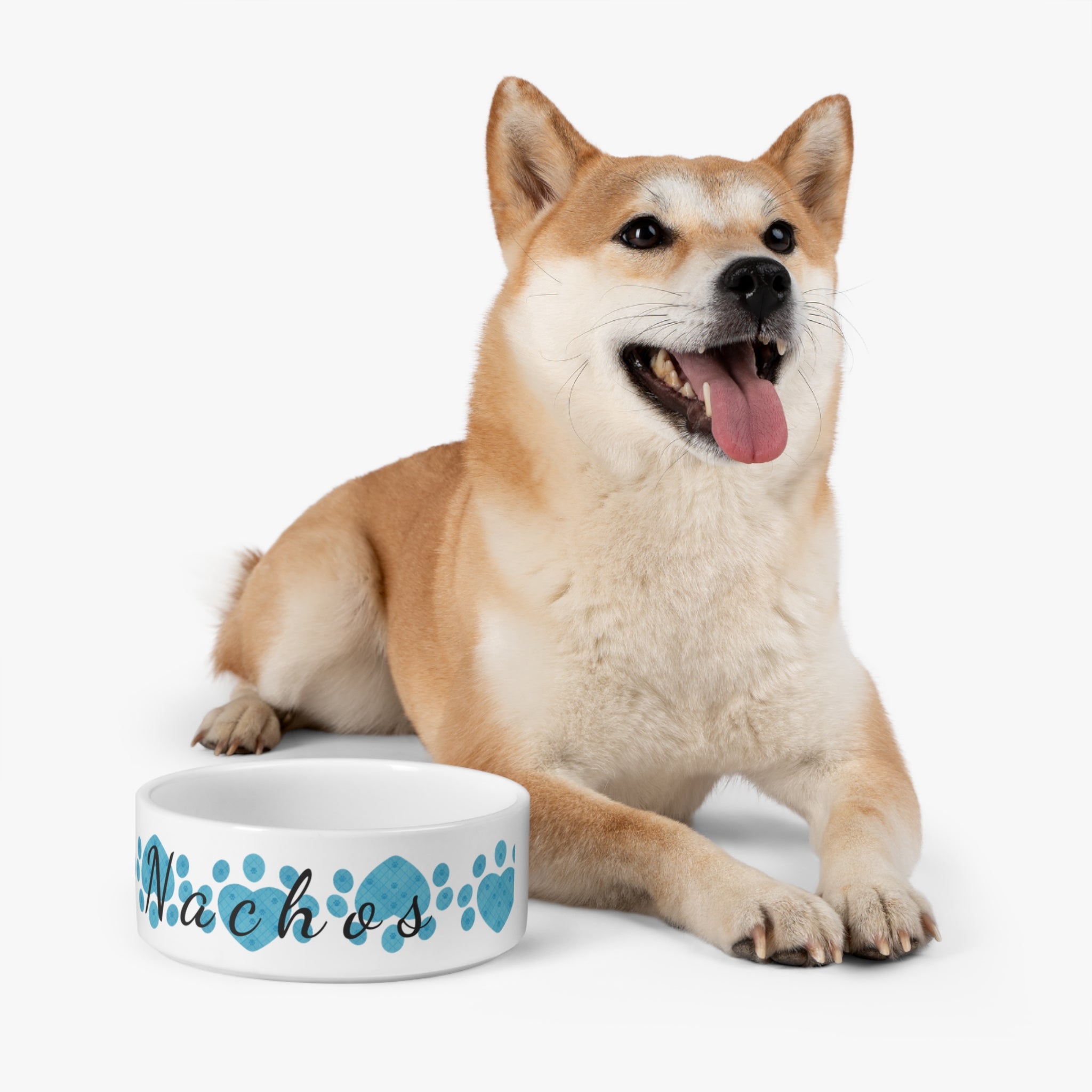 White ceramic pet bowl with heart paw prints and pet name