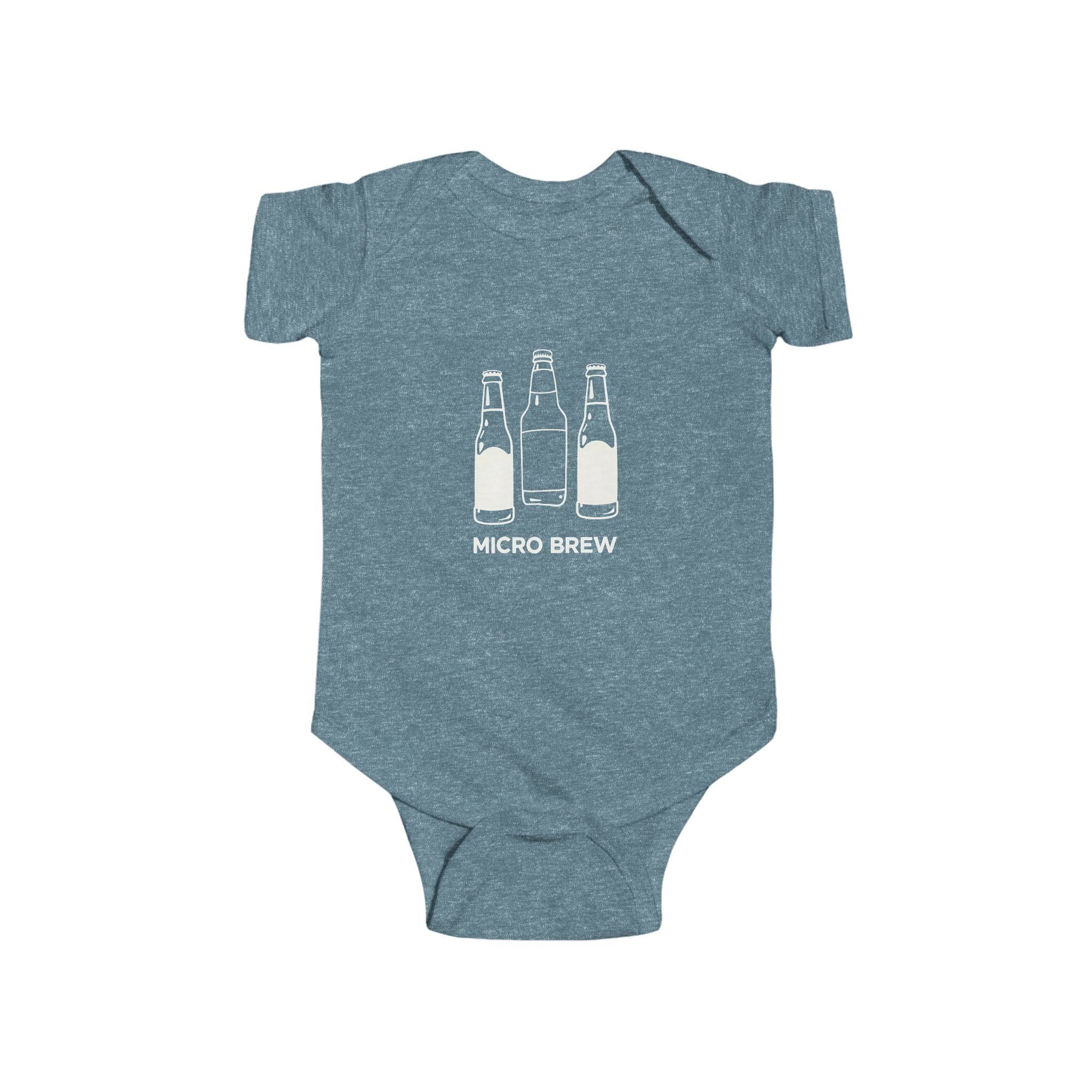 Funny Micro Brew baby bodysuit with illustrated beer bottles and text, customizable color