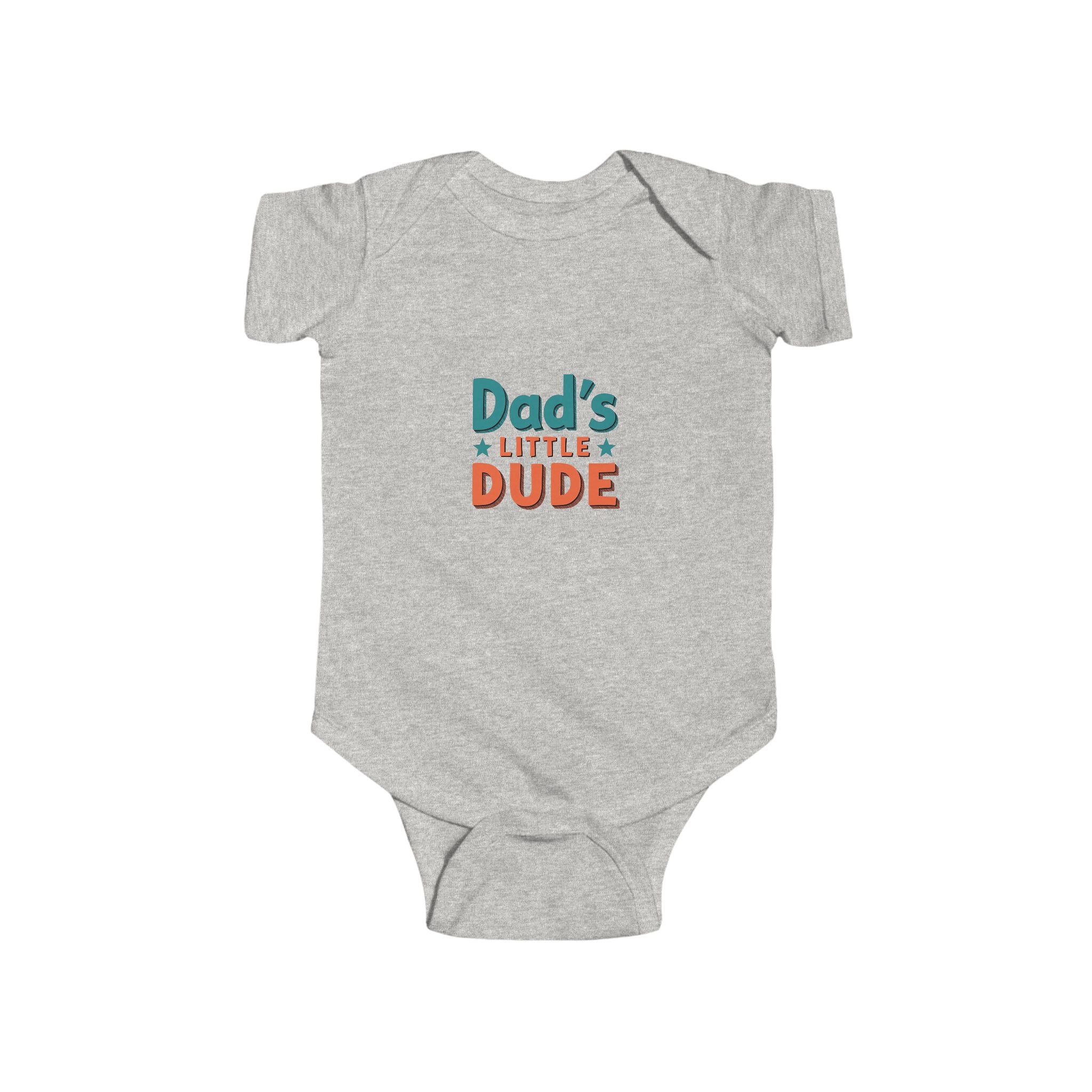 baby onesie with “Dad’s Little Dude” design in bold retro lettering—cute Father’s Day gift and everyday baby boy outfit.