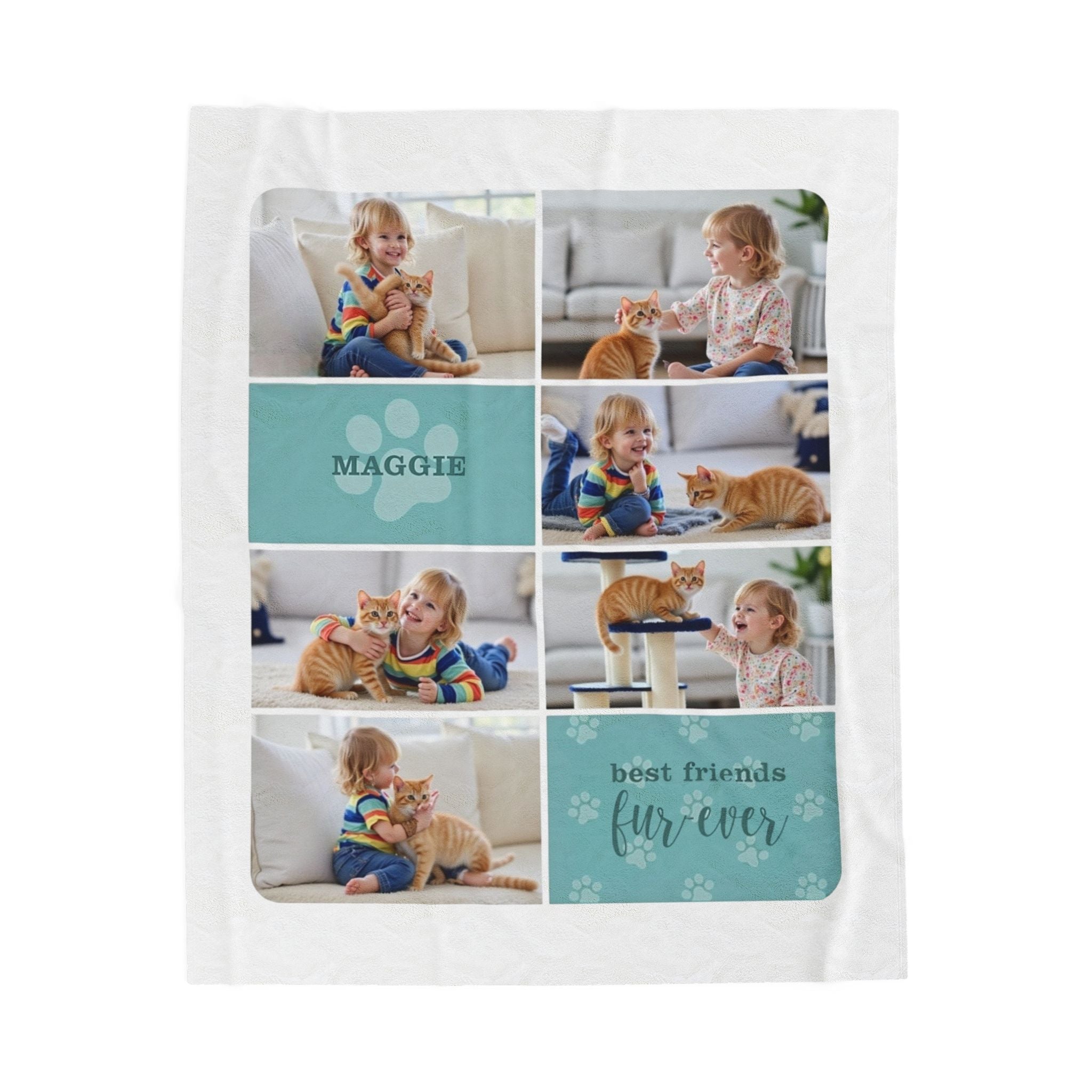 Custom pet photo blanket with paw prints, personalized name, and “best friends fur-ever” quote

