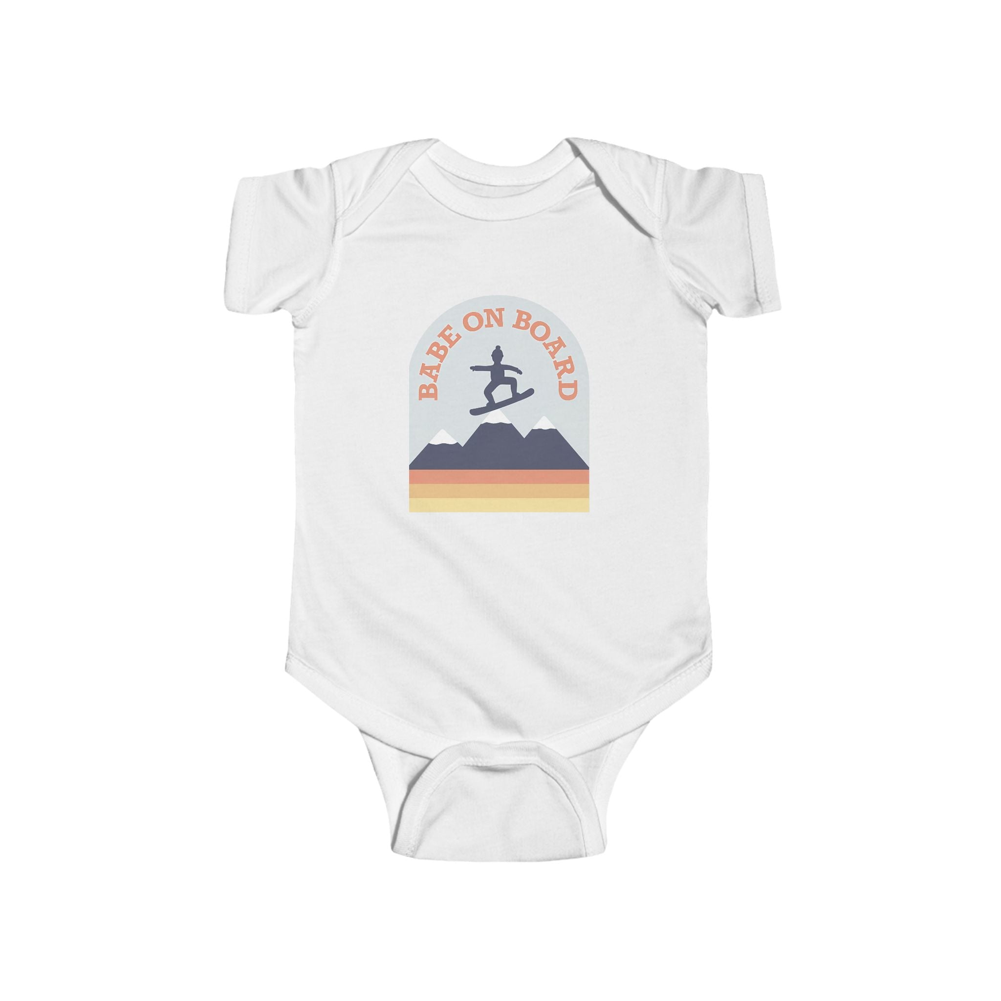 baby onesie with “Babe On Board” snowboarding design over retro mountains








