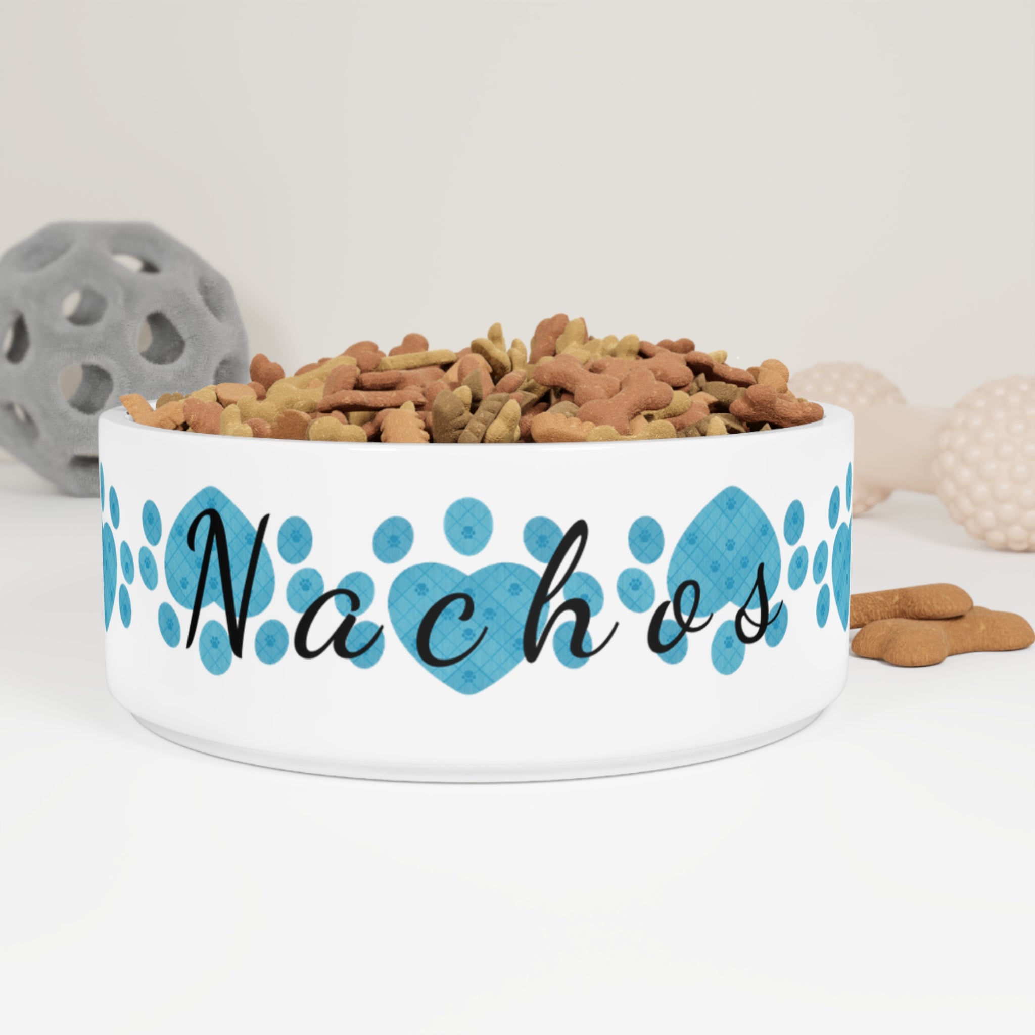 White ceramic pet bowl with heart paw prints and pet name