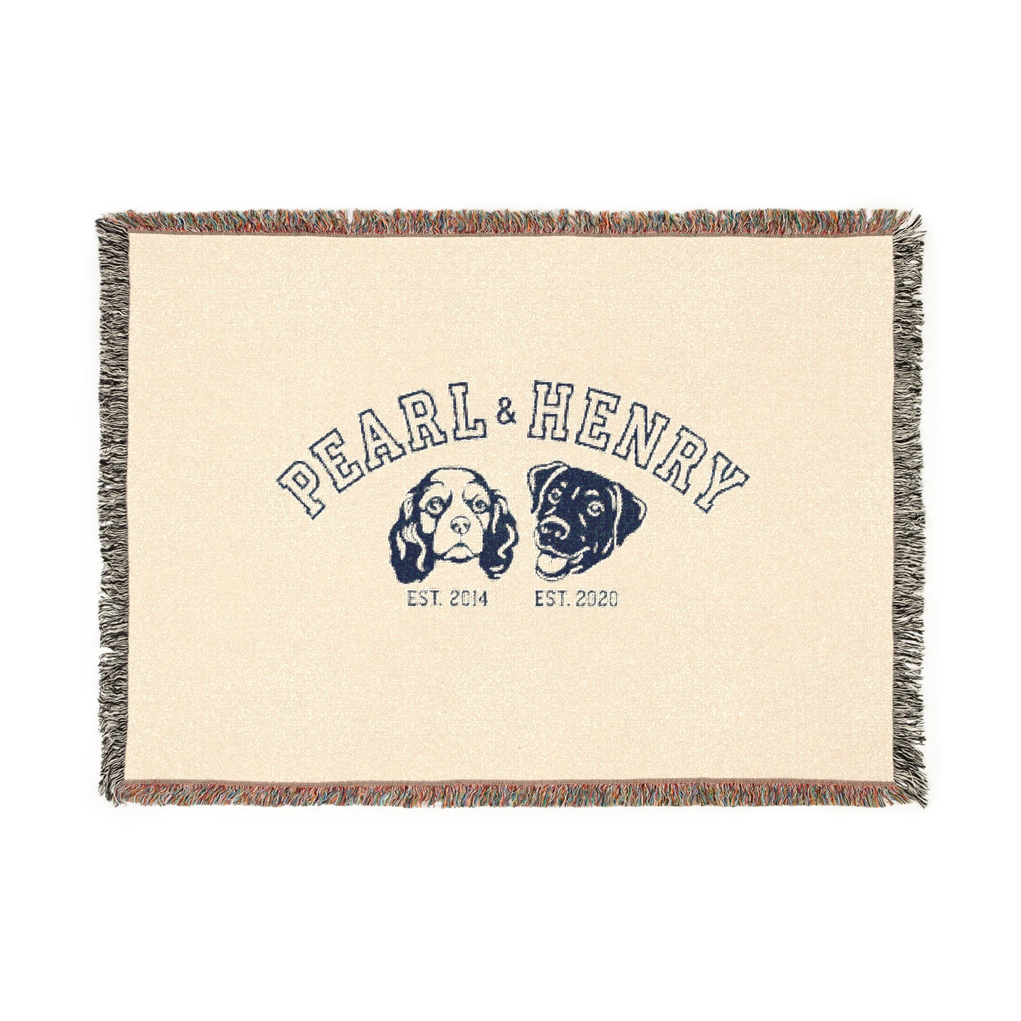 Custom woven blanket with dog illustrations and names 
