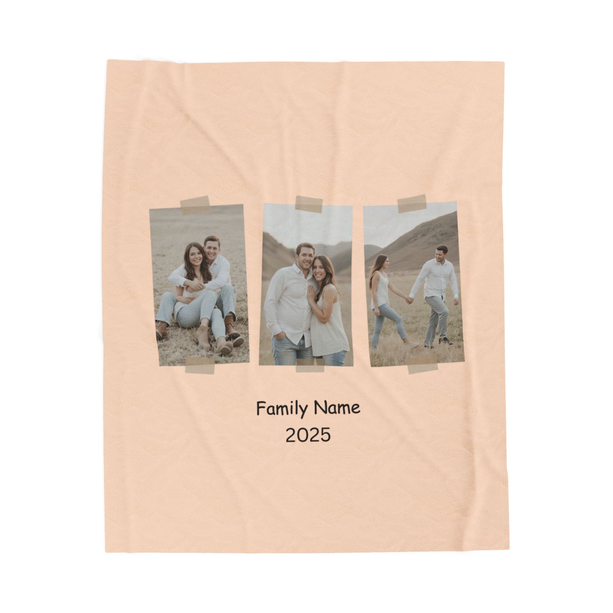 Custom family photo blanket with three vertical pictures and personalized name and year design








