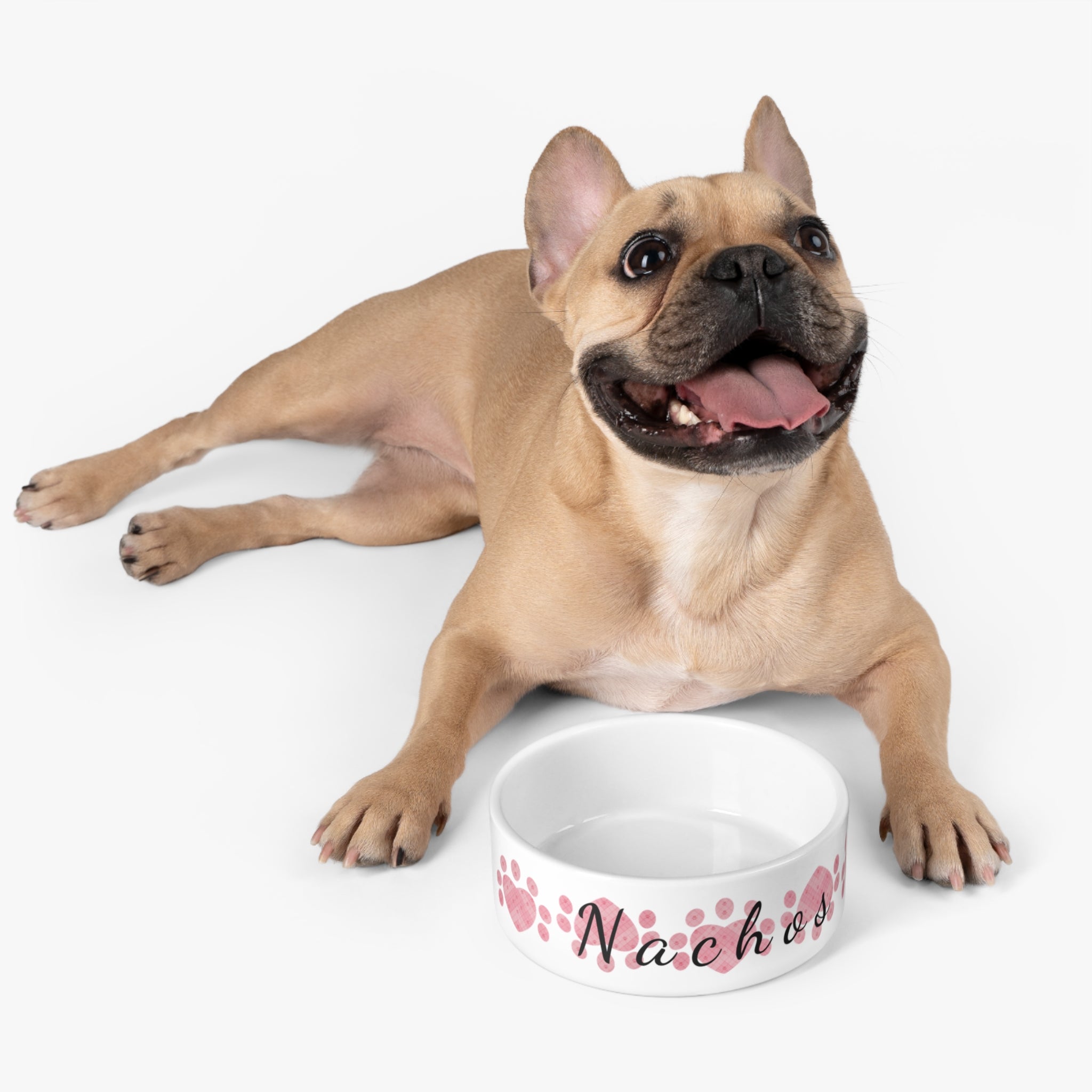 White ceramic pet bowl with heart paw prints and pet name