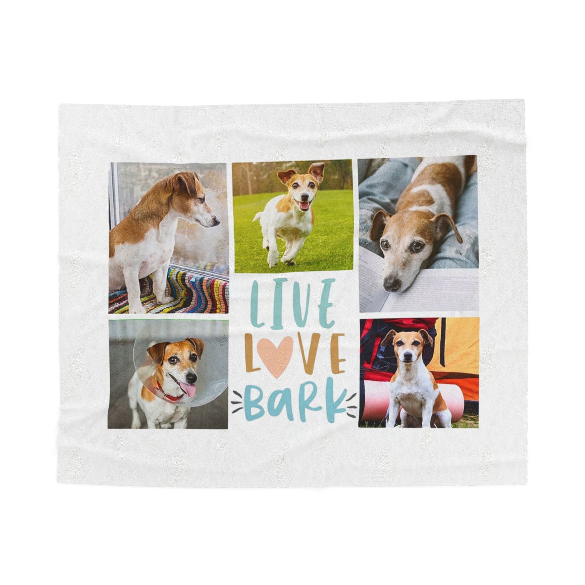 Custom fleece blanket with six dog photos and "Live Love Bark" text in blue and orange

