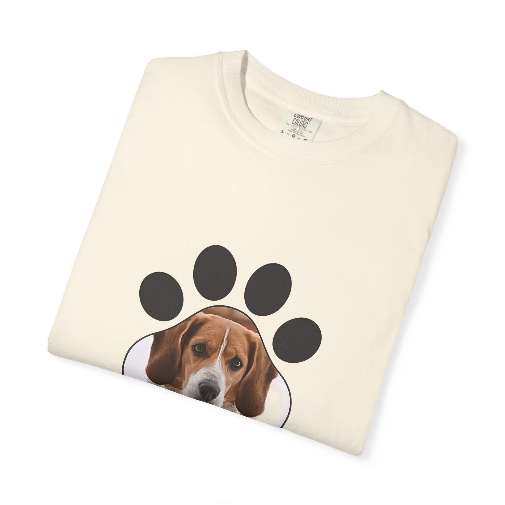 Personalized dog photo hoodie with paw print and custom pet name design in DTG print.

