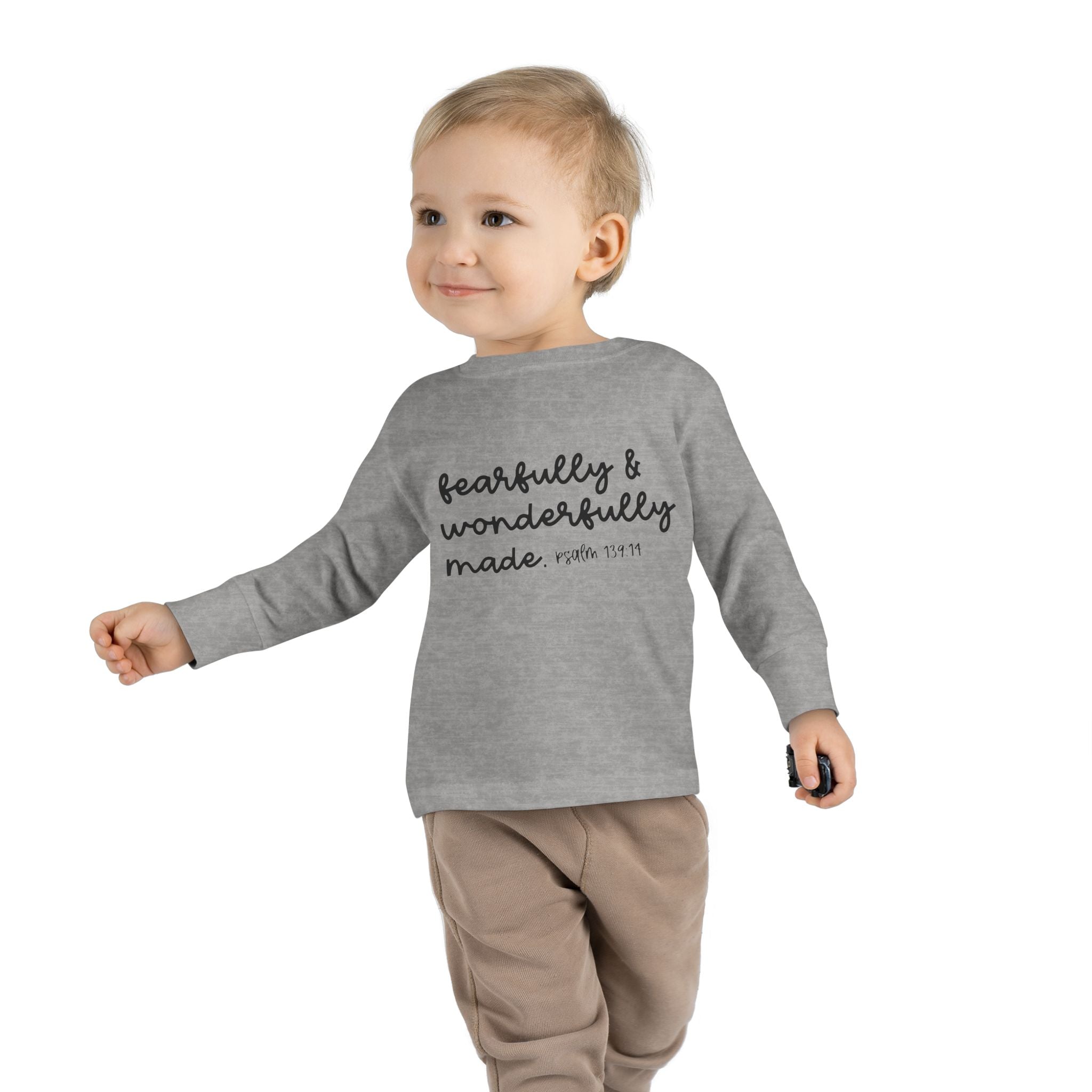 Toddler in grey Psalm 139 faith tee with black lettering