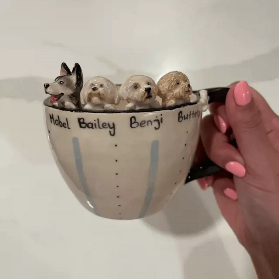 Custom pet mug with dog face sculpted handle