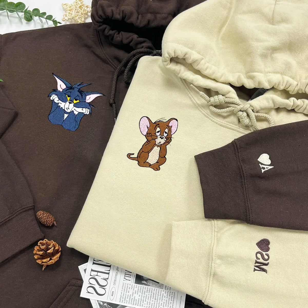 Mouse & Cat Couple Hoodies with cute embroidery, perfect for couples with a fun sense of style.