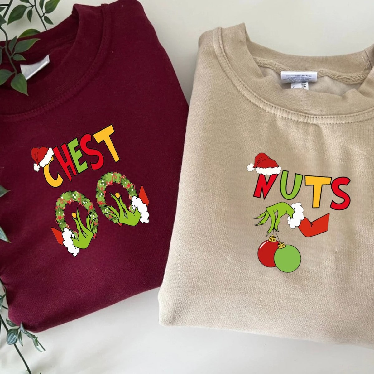 Playful "Chest Nuts" graphic sweatshirts for couples or friends celebrating Christmas.