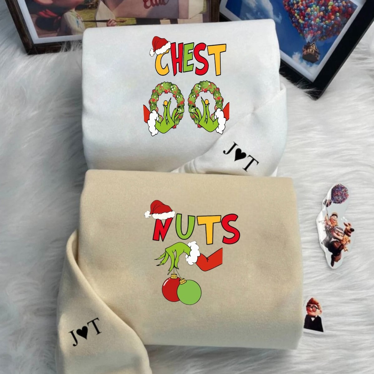 Cozy and humorous Christmas sweatshirts perfect for holiday parties and photoshoots.