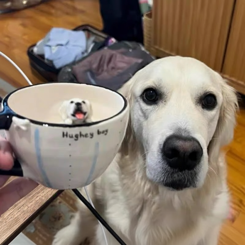 Custom pet mug with dog face sculpted handle
