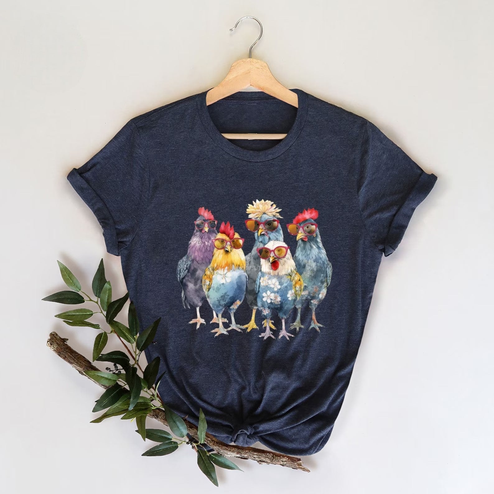 Funny Chicken Crew graphic t-shirt with sunglasses and flower crowns