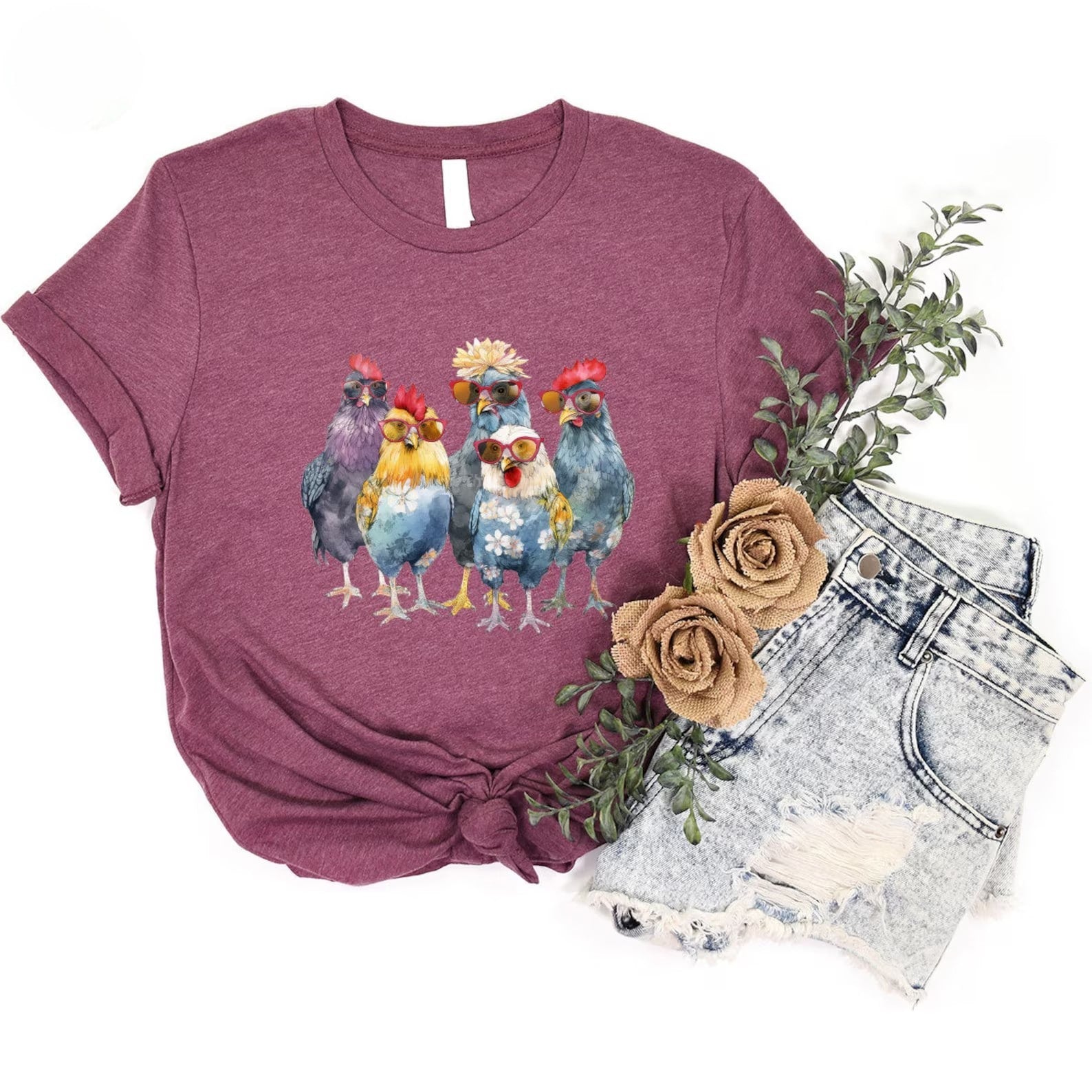 Maroon Chicken Crew t-shirt with playful chicken design