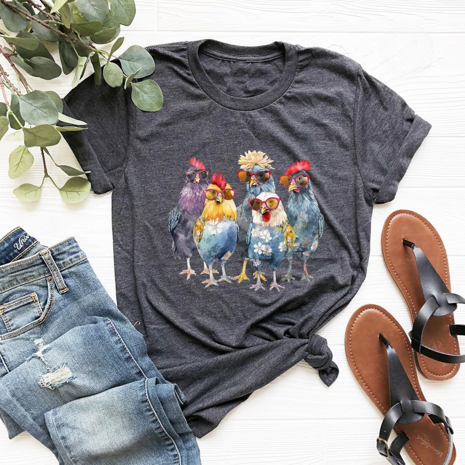 Fun and colorful Chicken Crew t-shirt with cute chickens in sunglasses