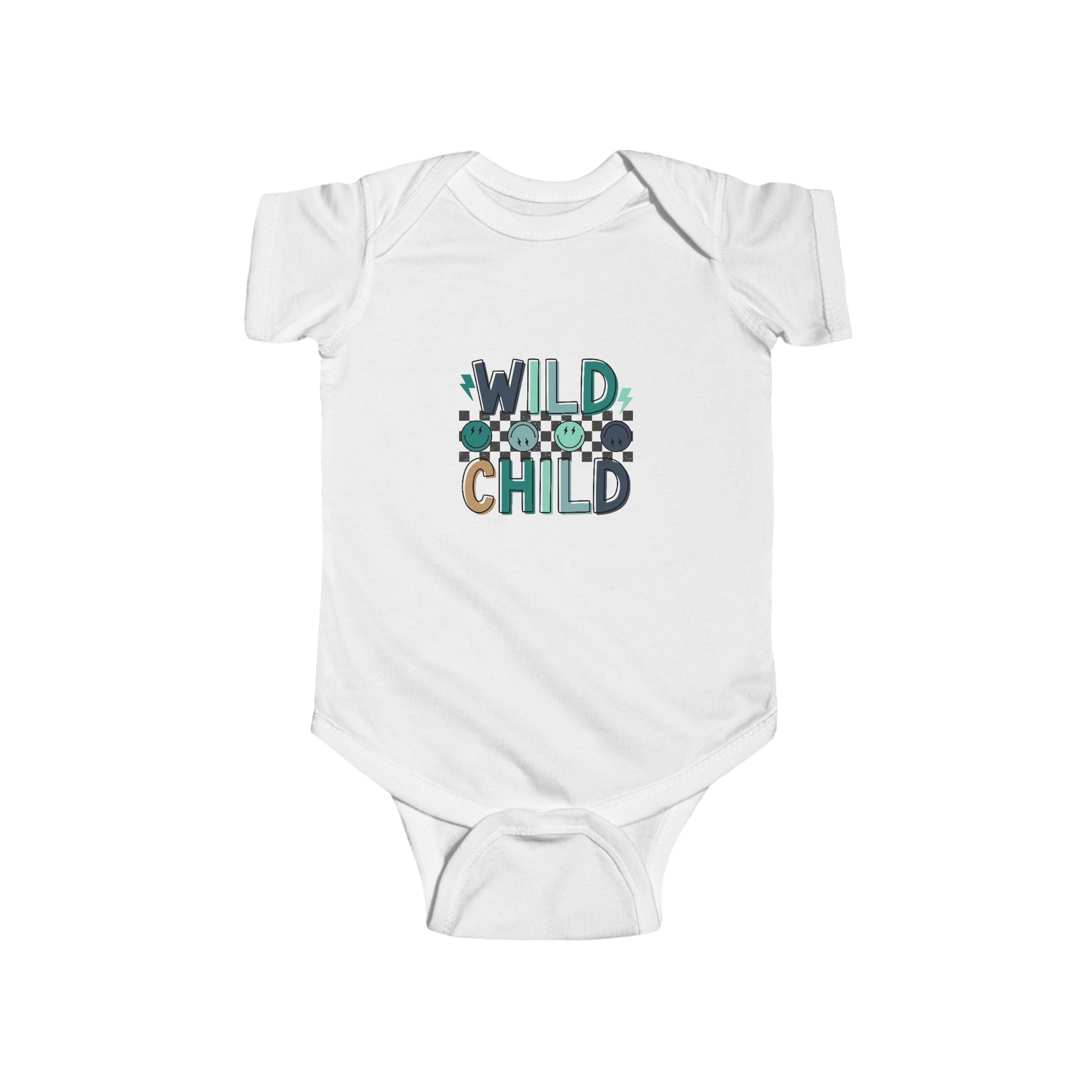 White baby bodysuit with bold "Wild Child" text and fun illustrations