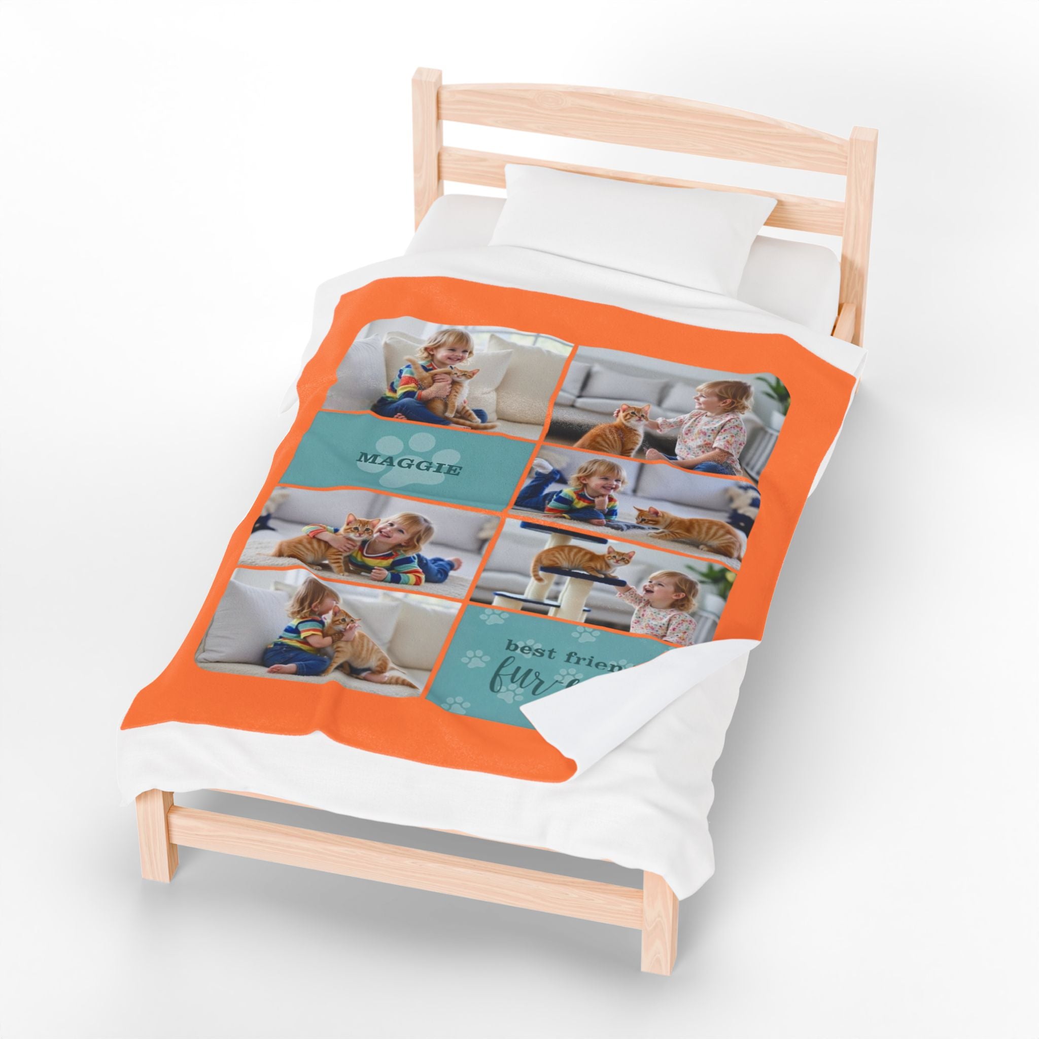 Custom pet photo blanket with paw prints, personalized name, and “best friends fur-ever” quote

