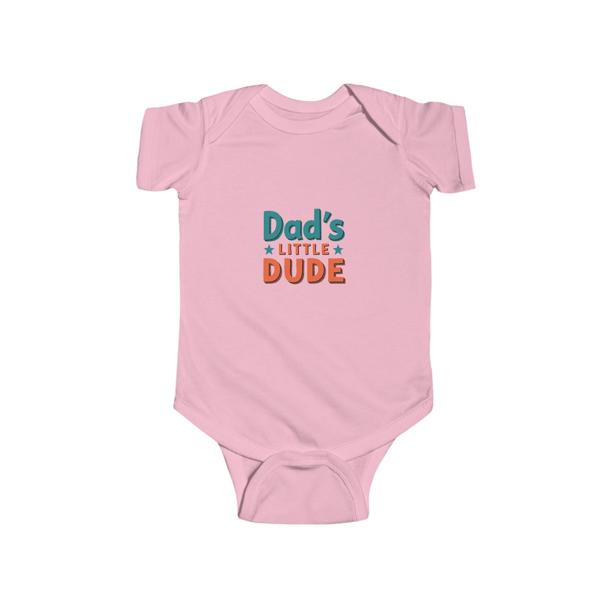 baby onesie with “Dad’s Little Dude” design in bold retro lettering—cute Father’s Day gift and everyday baby boy outfit.