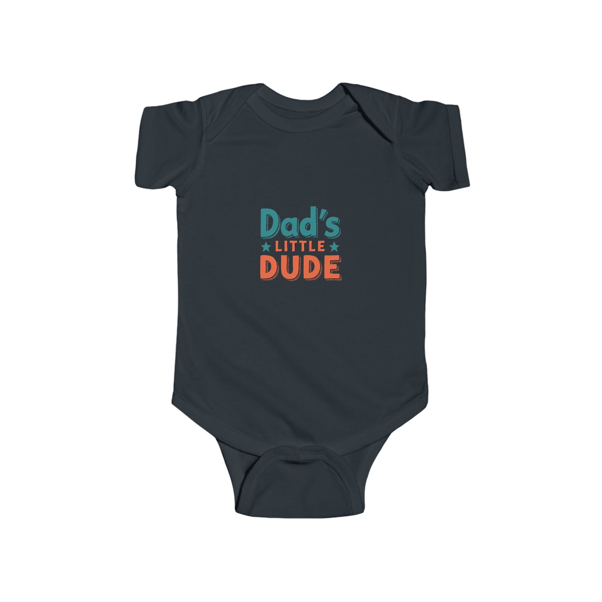 baby onesie with “Dad’s Little Dude” design in bold retro lettering—cute Father’s Day gift and everyday baby boy outfit.
