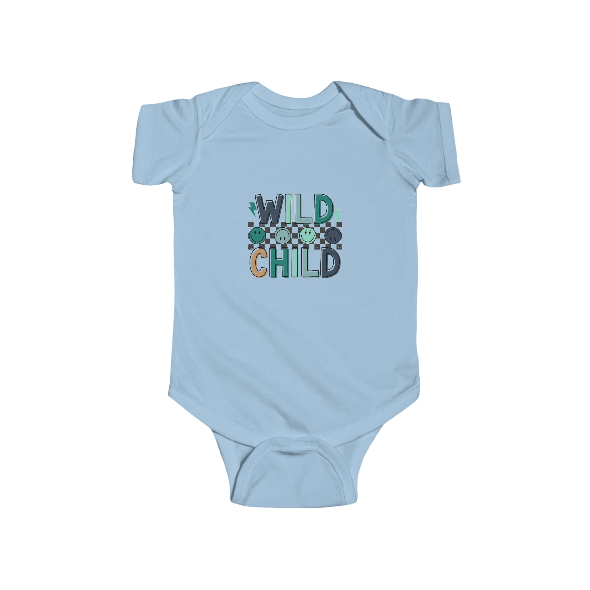 Blue baby bodysuit featuring "Wild Child" lettering and cheerful design