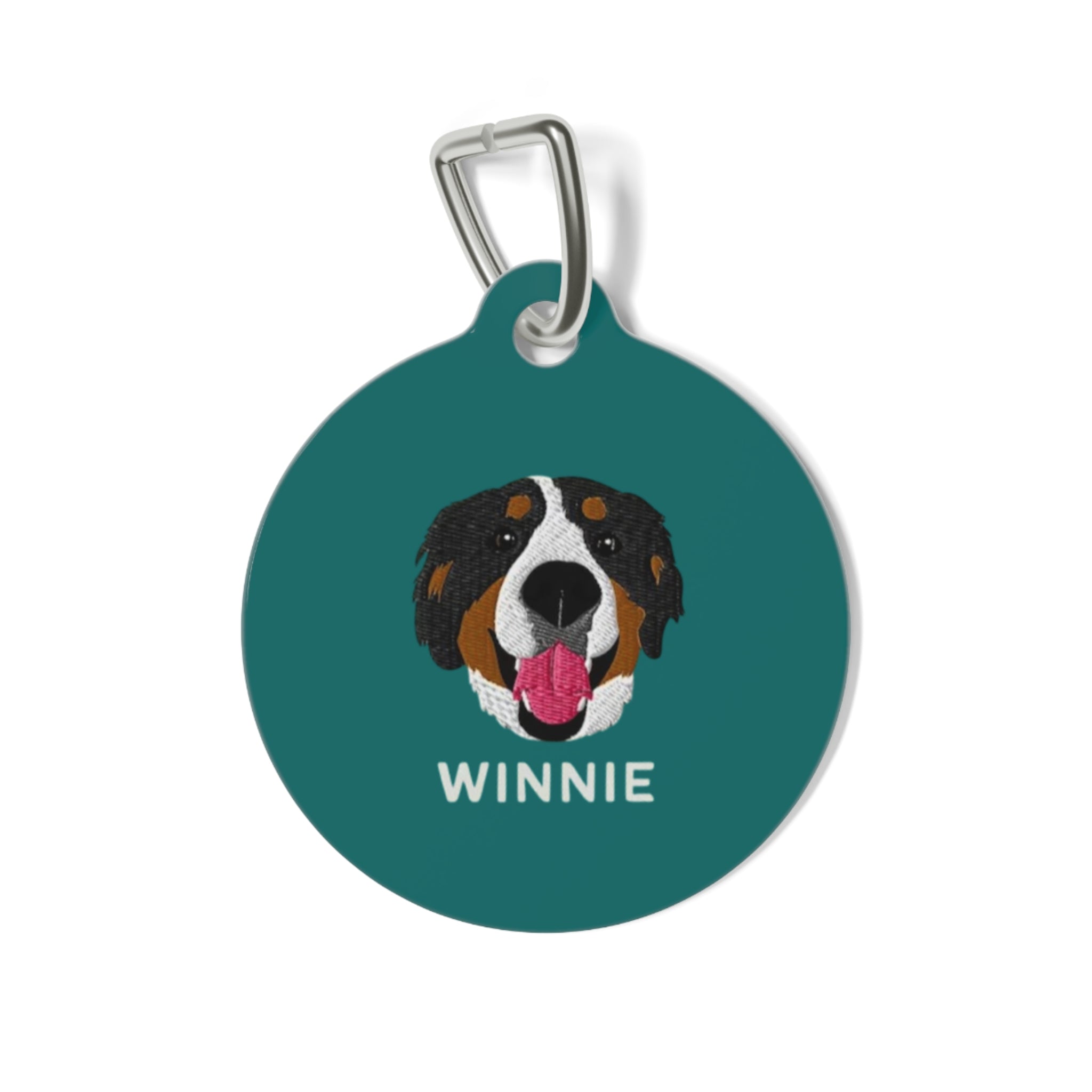 Custom round pet ID tag with personalized illustration, pet name on one side, and contact information on the other, featuring metal clip attachment.
