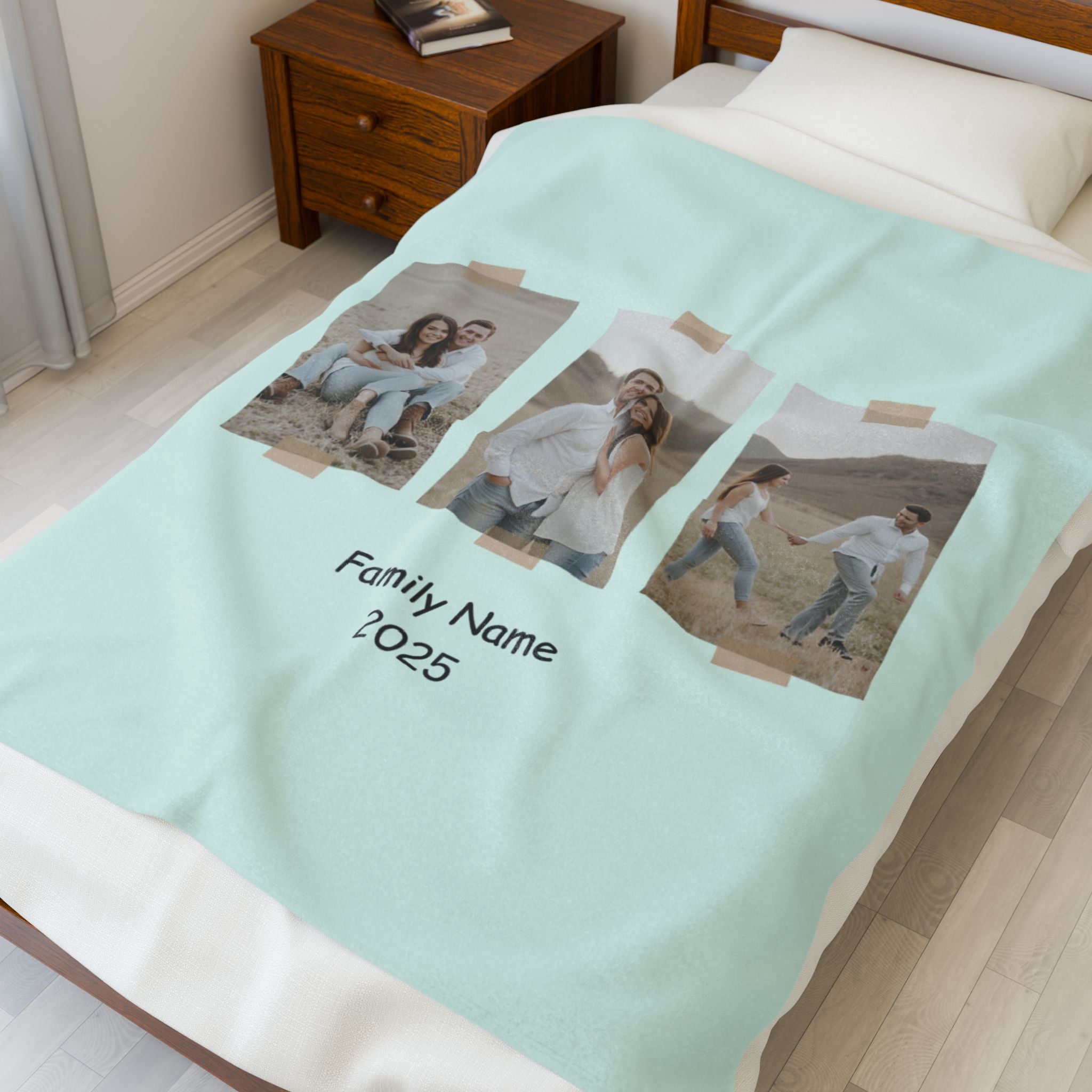 Custom family photo blanket with three vertical pictures and personalized name and year design