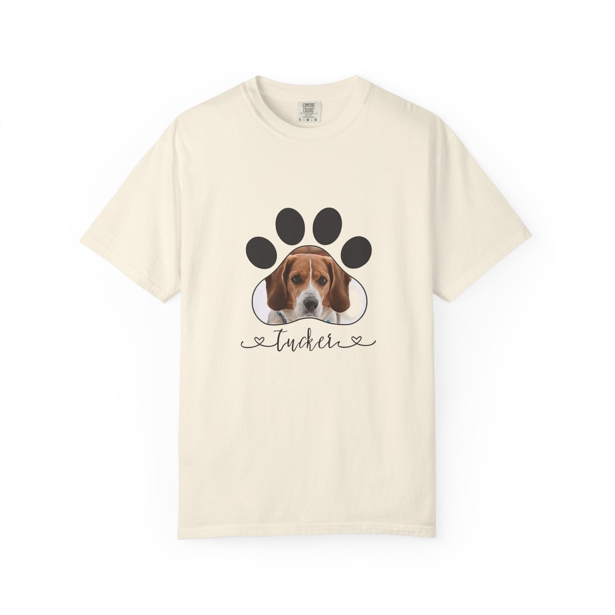 Personalized dog photo hoodie with paw print and custom pet name design in DTG print.

