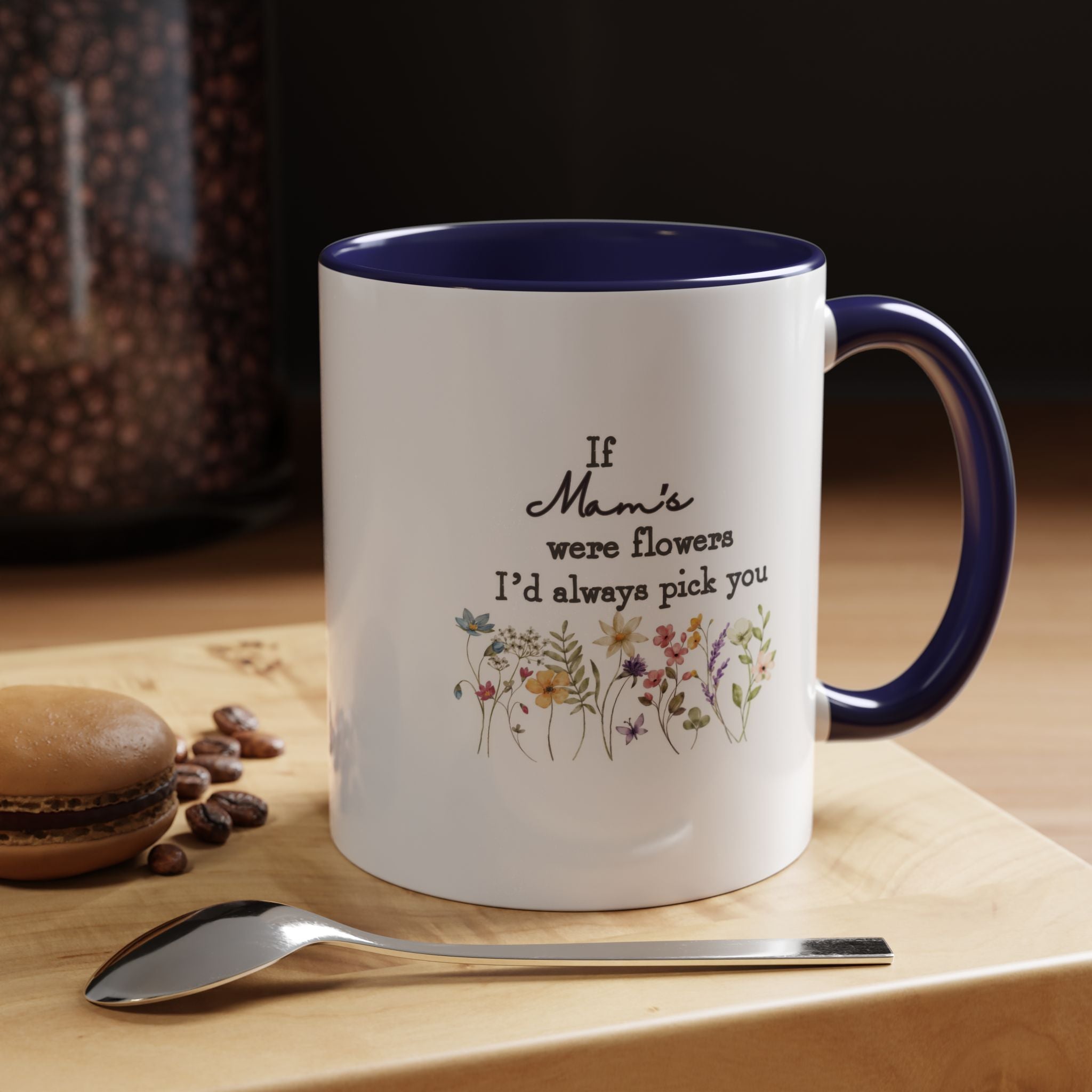 Navy and white floral mug with heartwarming quote for Mother's Day