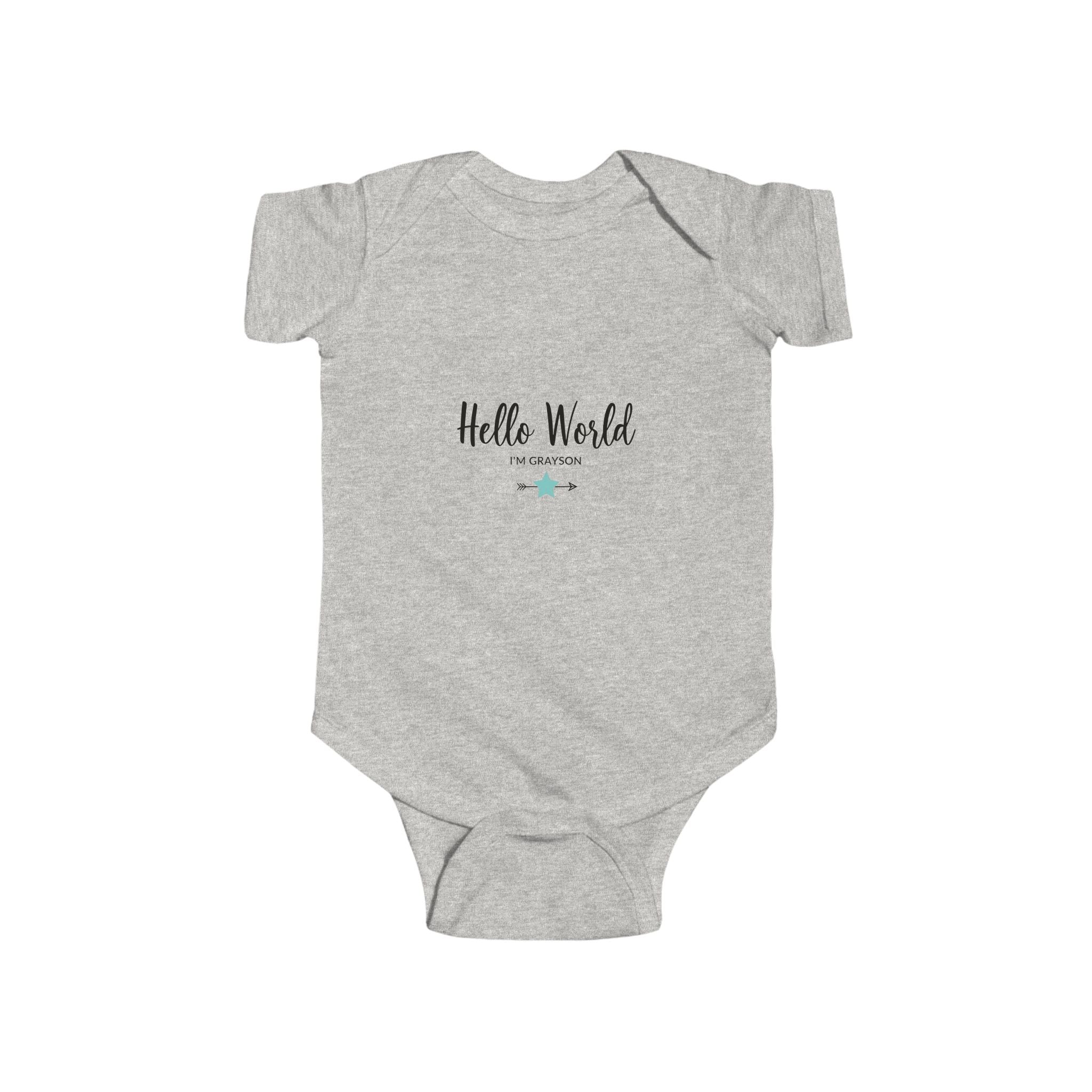 baby onesie with “Hello World I’m Grayson” text and arrows – personalized baby boy outfit for birth announcements