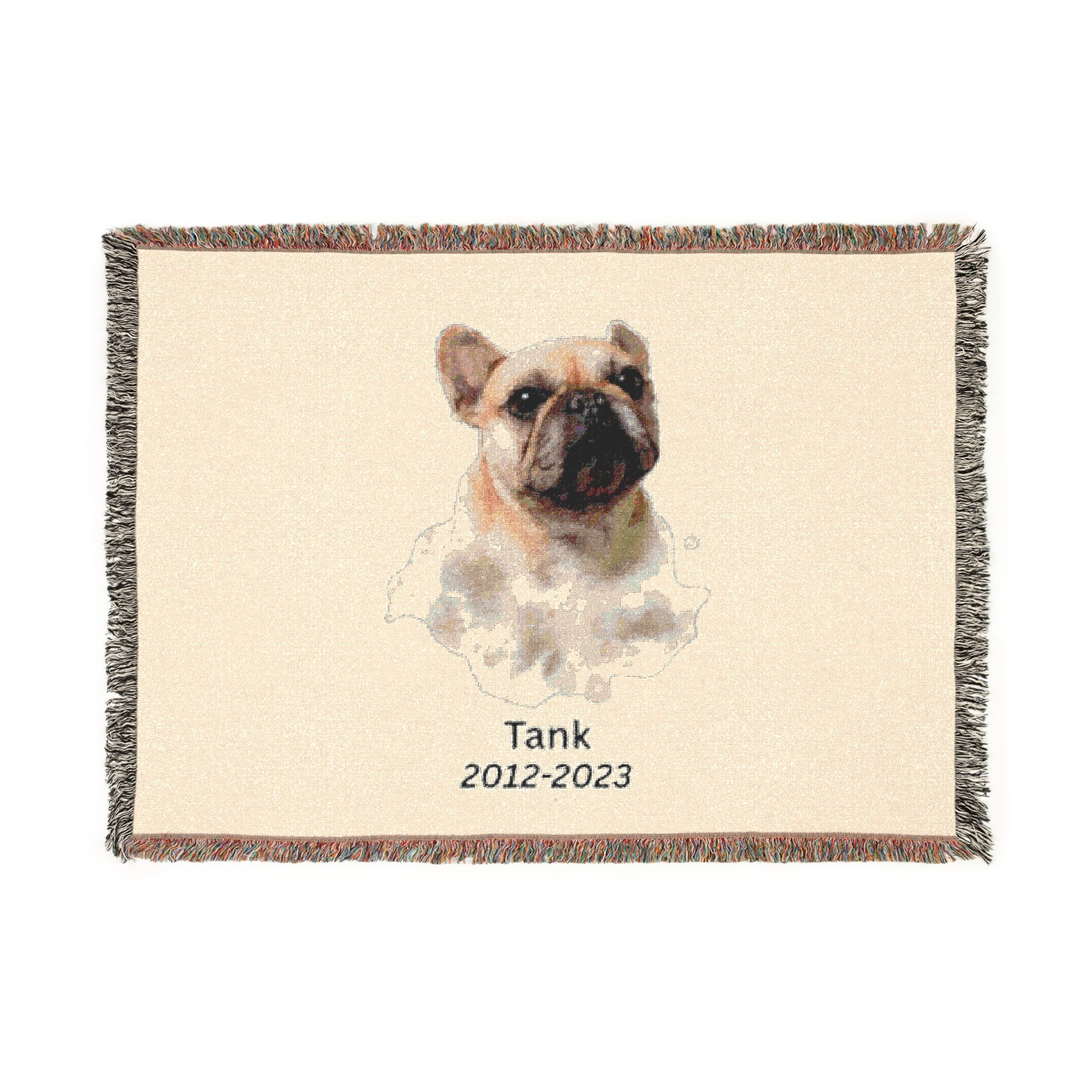 Personalized pet memorial woven blanket with a watercolor-style dog portrait and name