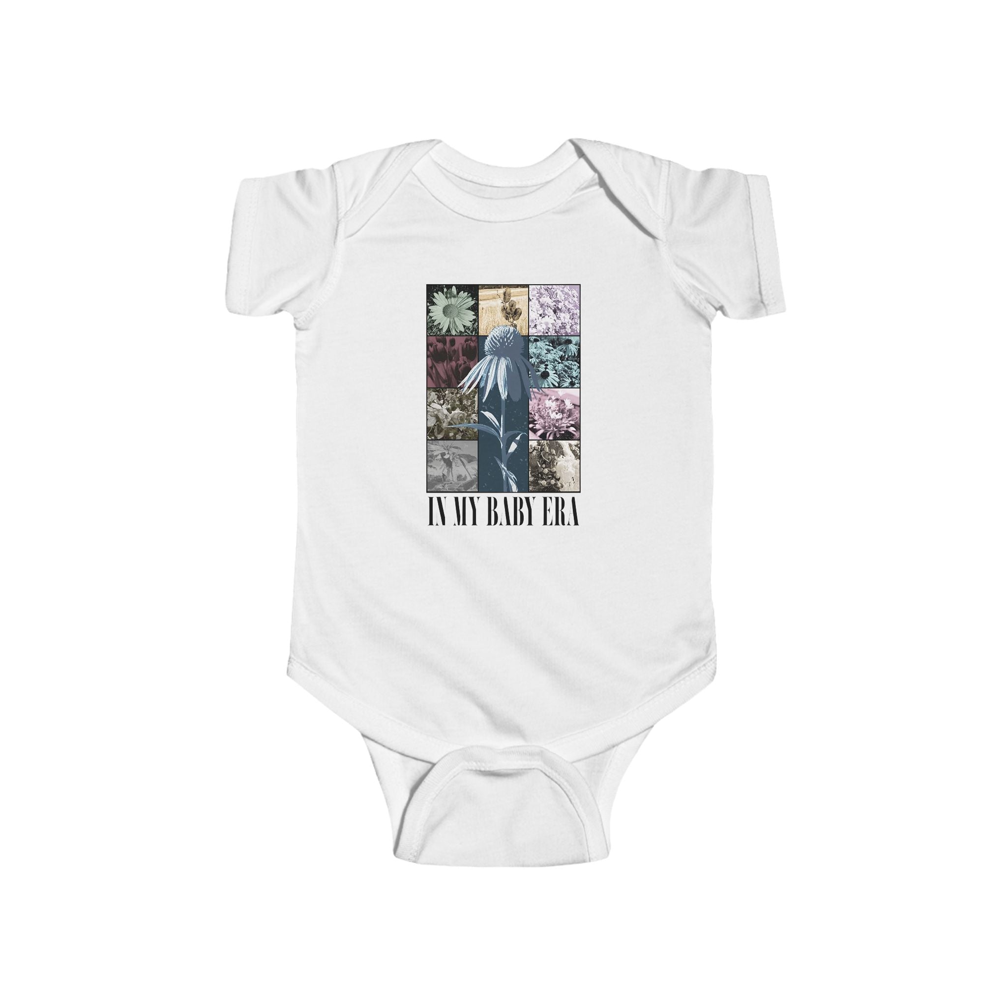 baby onesie with floral collage and “In My Baby Era” text design printed on the front
