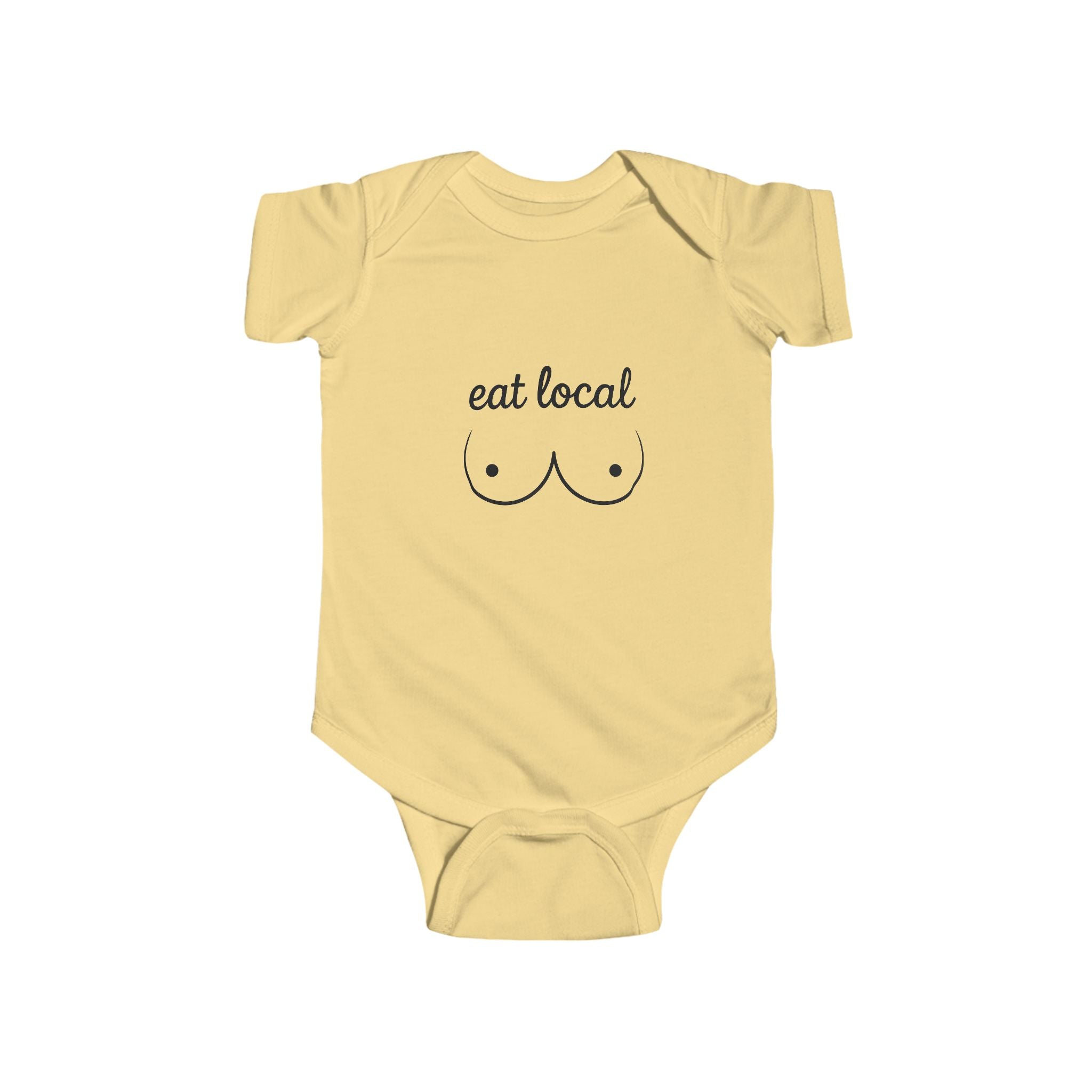 White baby onesie with "eat local" breastfeeding graphic and minimalist chest illustration