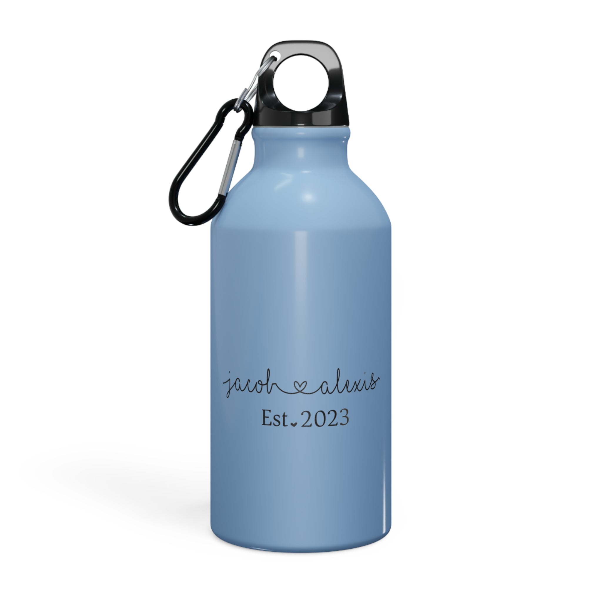 Blue custom-engraved water bottle with carabiner clip