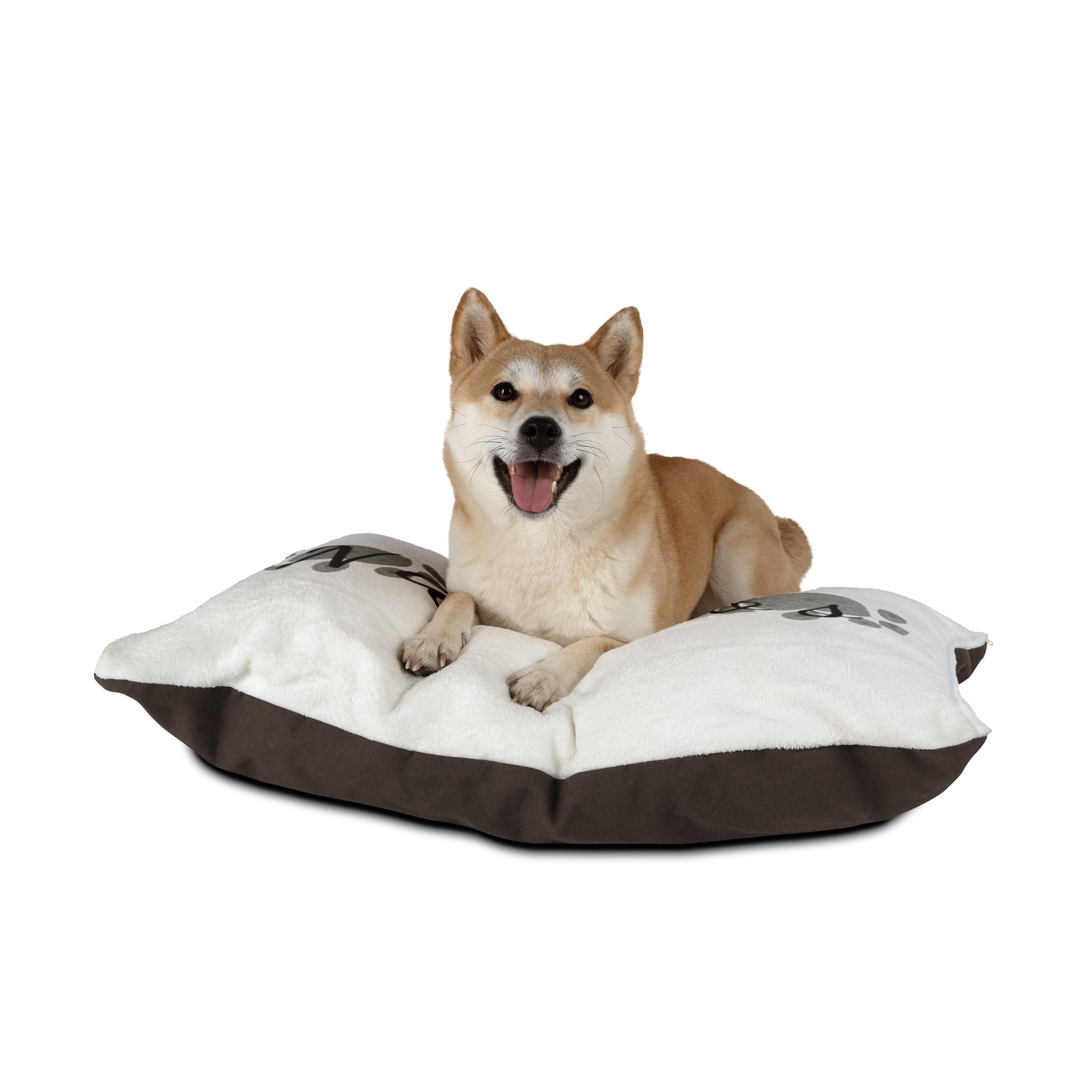 Custom pet bed with heart paw design and personalized name in soft indoor fabric

