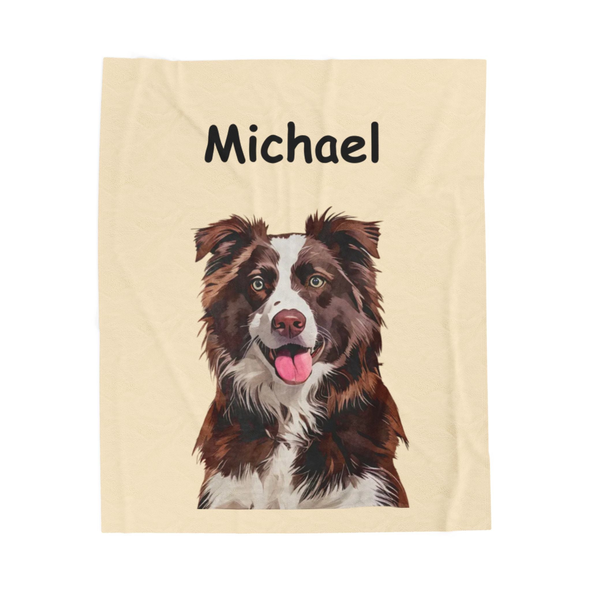 Pet portrait blanket with a custom illustrated dog and the name Michael in bold black text.
